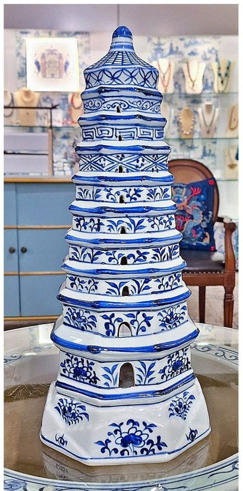 Handmade, Blue & White, Chinese Porcelain Decorative Pagoda.Hand Painted - 17