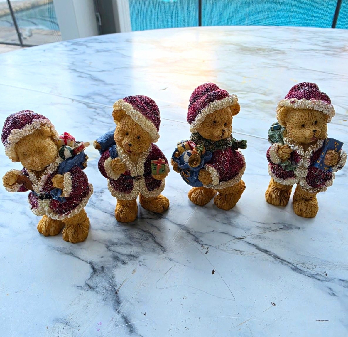Painted Resin Christmas Teddy Bear Figurines Set, 4 Pc Small Multicolor