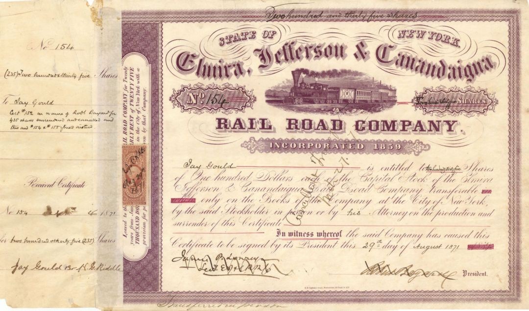 Elmira, Jefferson and Canandaigua Rail Road Co. issued to Jay Gould - 1871 dat Elmira, Jefferson and Canandaigua Rail Road Co. issued to Jay Gould - 1871 dat
