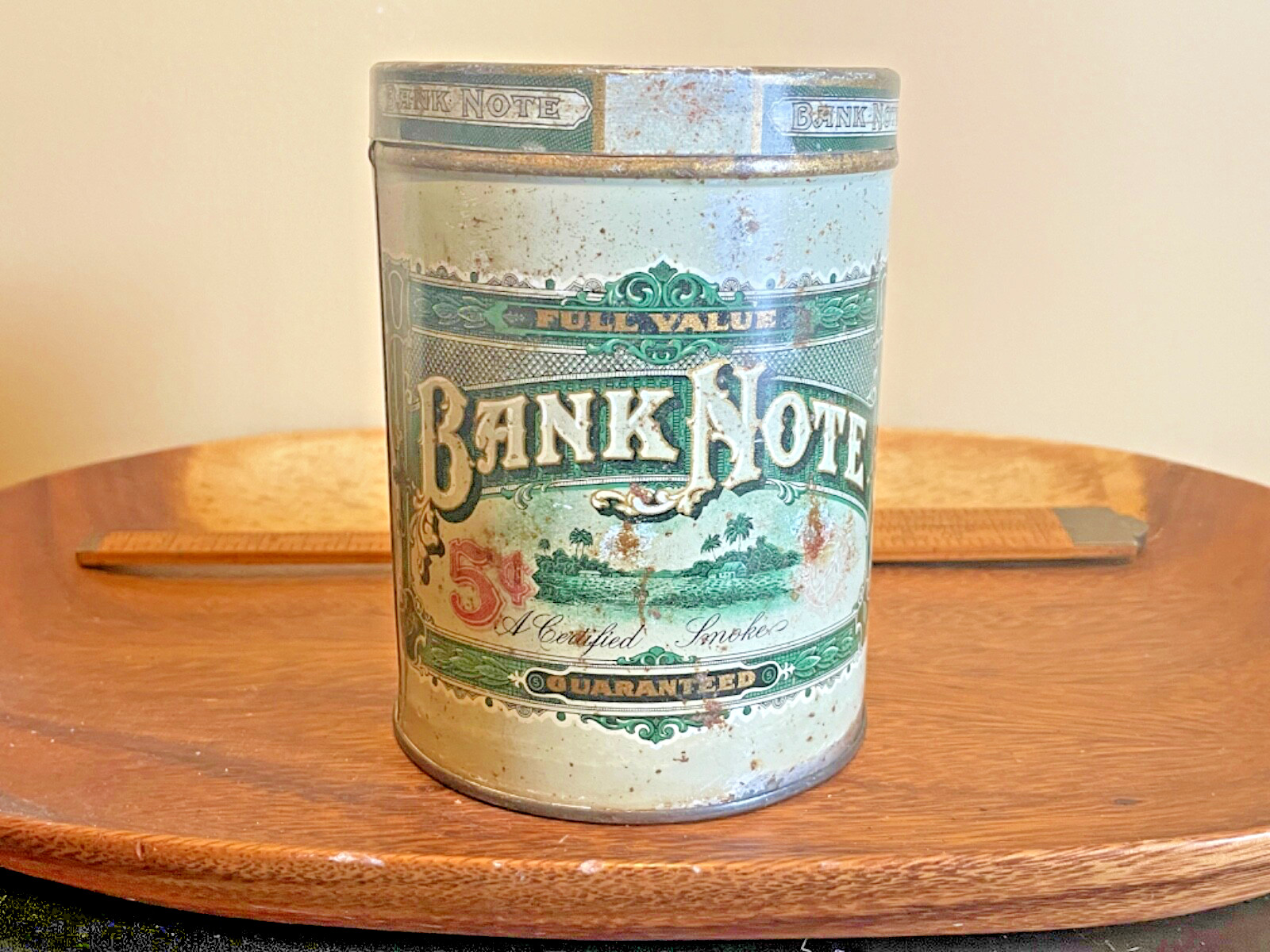 Rare Vintage EMPTY Bank Note Round Tobacco Tin Advertising Tin Made USA--1468.24 Rare Vintage EMPTY Bank Note Round Tobacco Tin Advertising Tin Made USA--1468.24