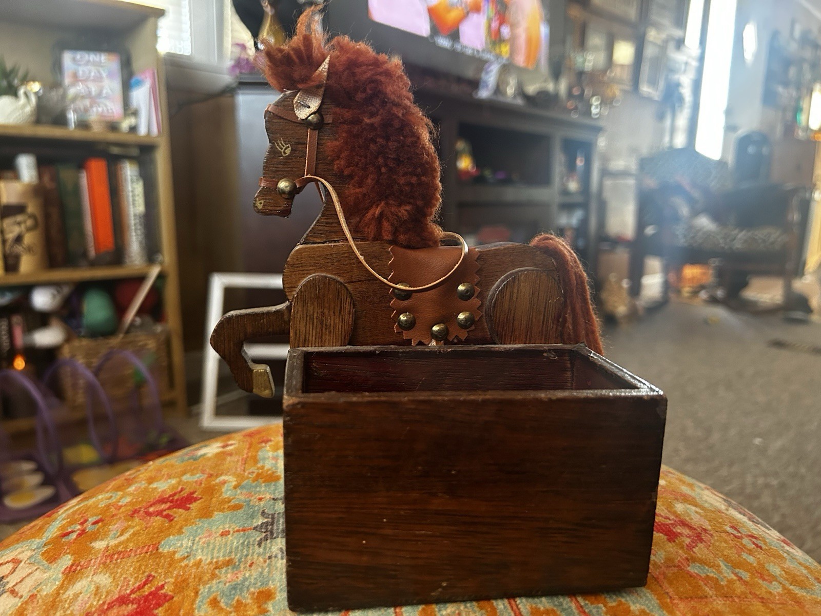 Folk art Wooden Horse Figurine with Leather Accents