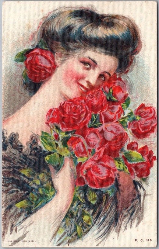 Vintage 1908 Pretty Lady Greetings Postcard Young Woman / Red Roses / UNUSED
