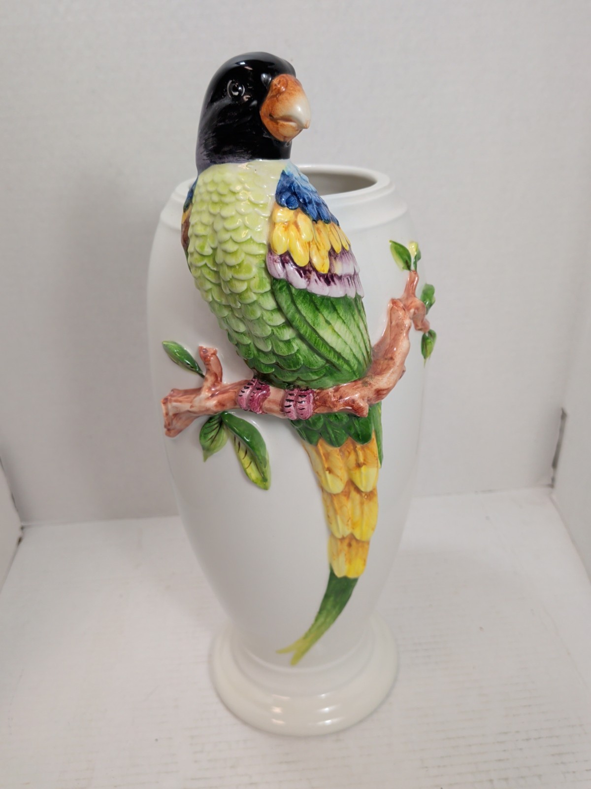 Parrot Vase Oggetti Italy, Hand-Painted Dimensional Parrot 1980s No Chips