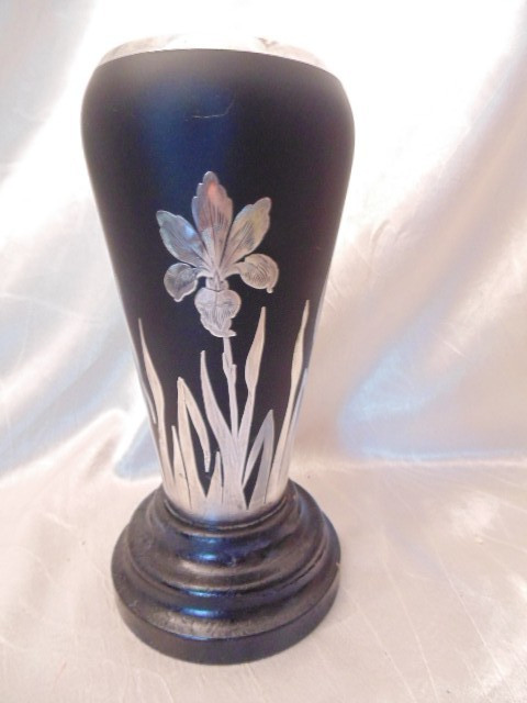Tiffin Rockwell Black Satin Sterling Silver Overlay Vase Japanesque Iris '20s Tiffin Rockwell Black Satin Sterling Silver Overlay Vase Japanesque Iris '20s