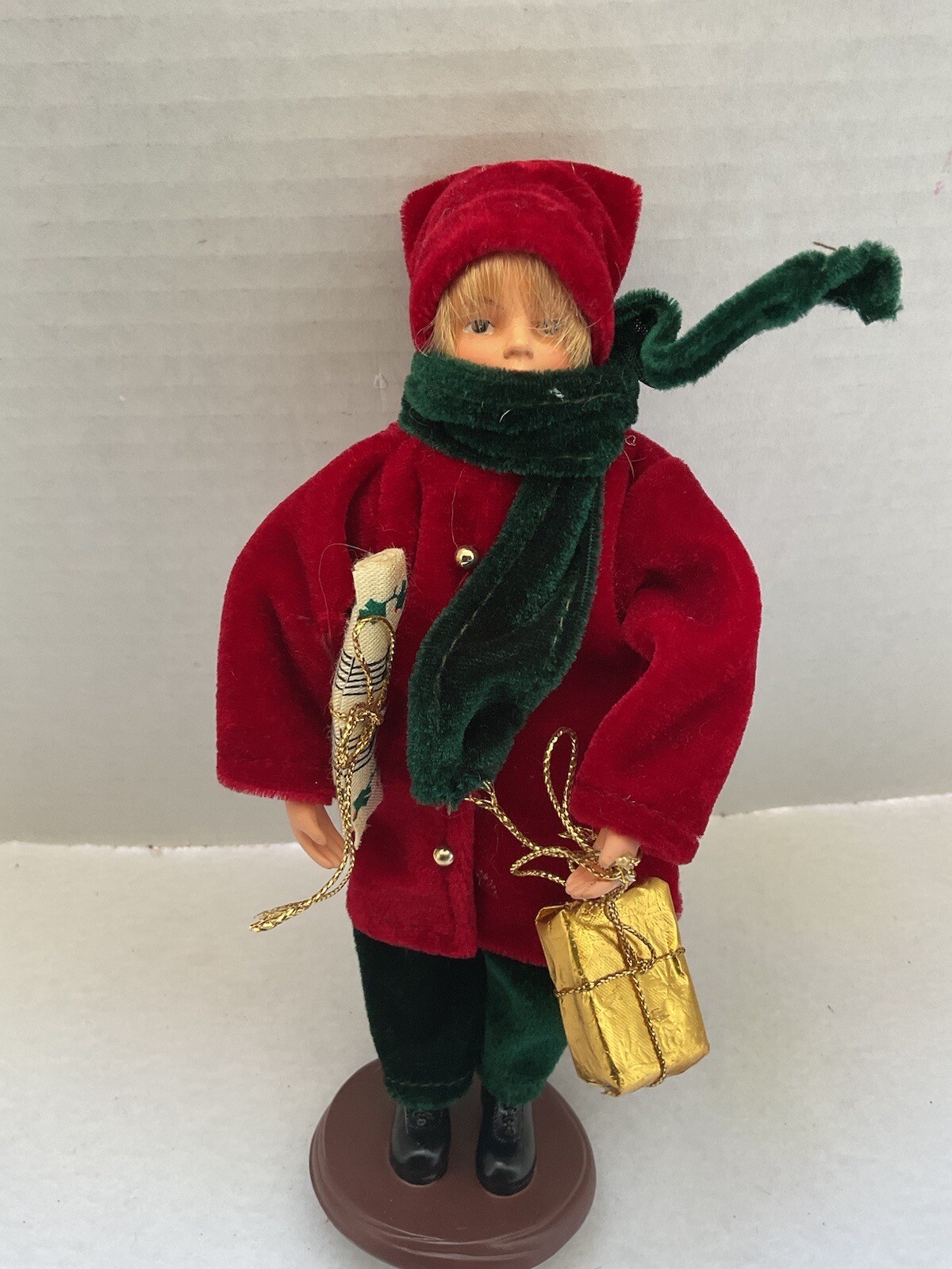 Vintage Christmas Carole’s Boy Red Coat Black Pants Holding Presents
