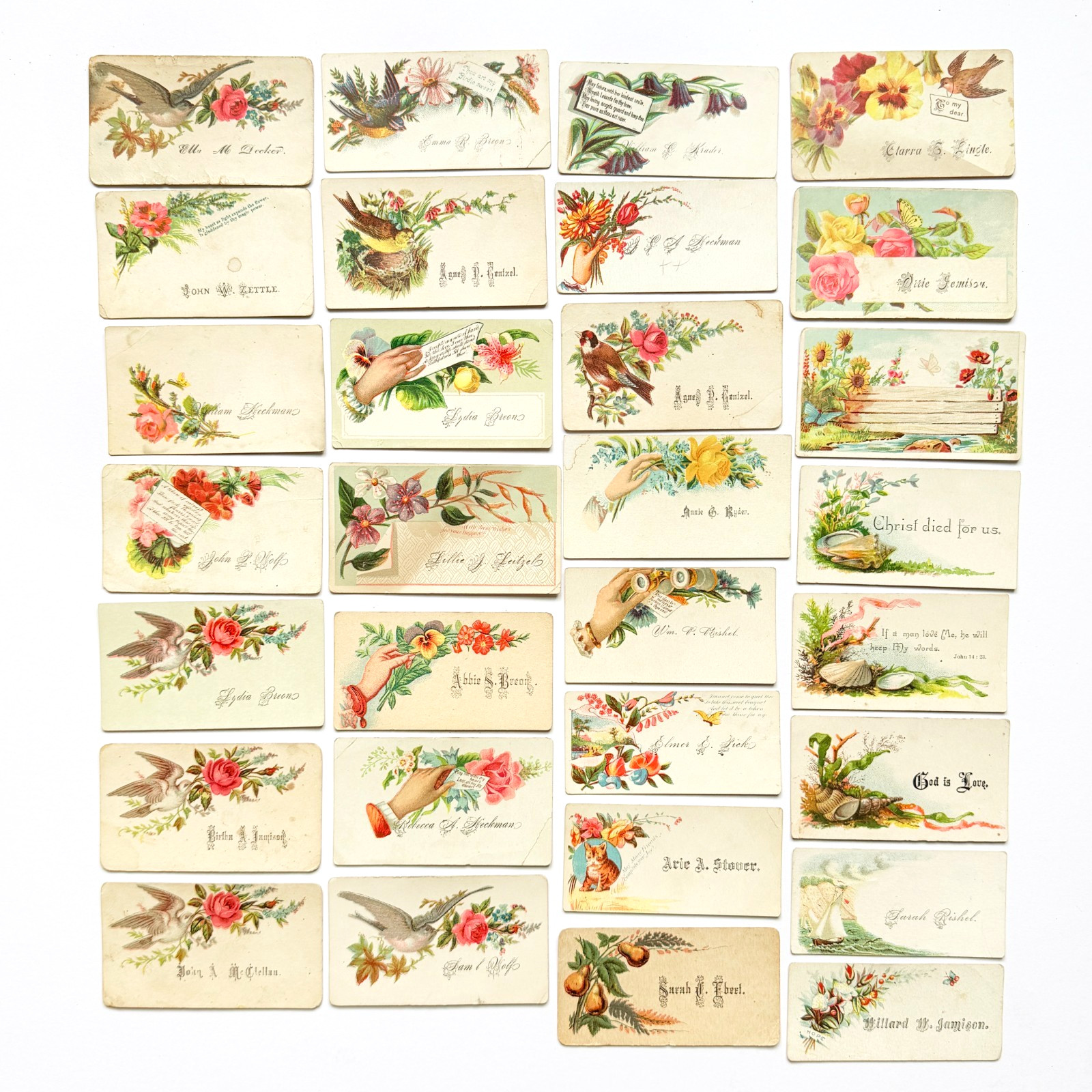 Vintage Victorian Calling Cards ~ Lot of 82 ~ Birds, Flowers, Beach, Hands, Cat