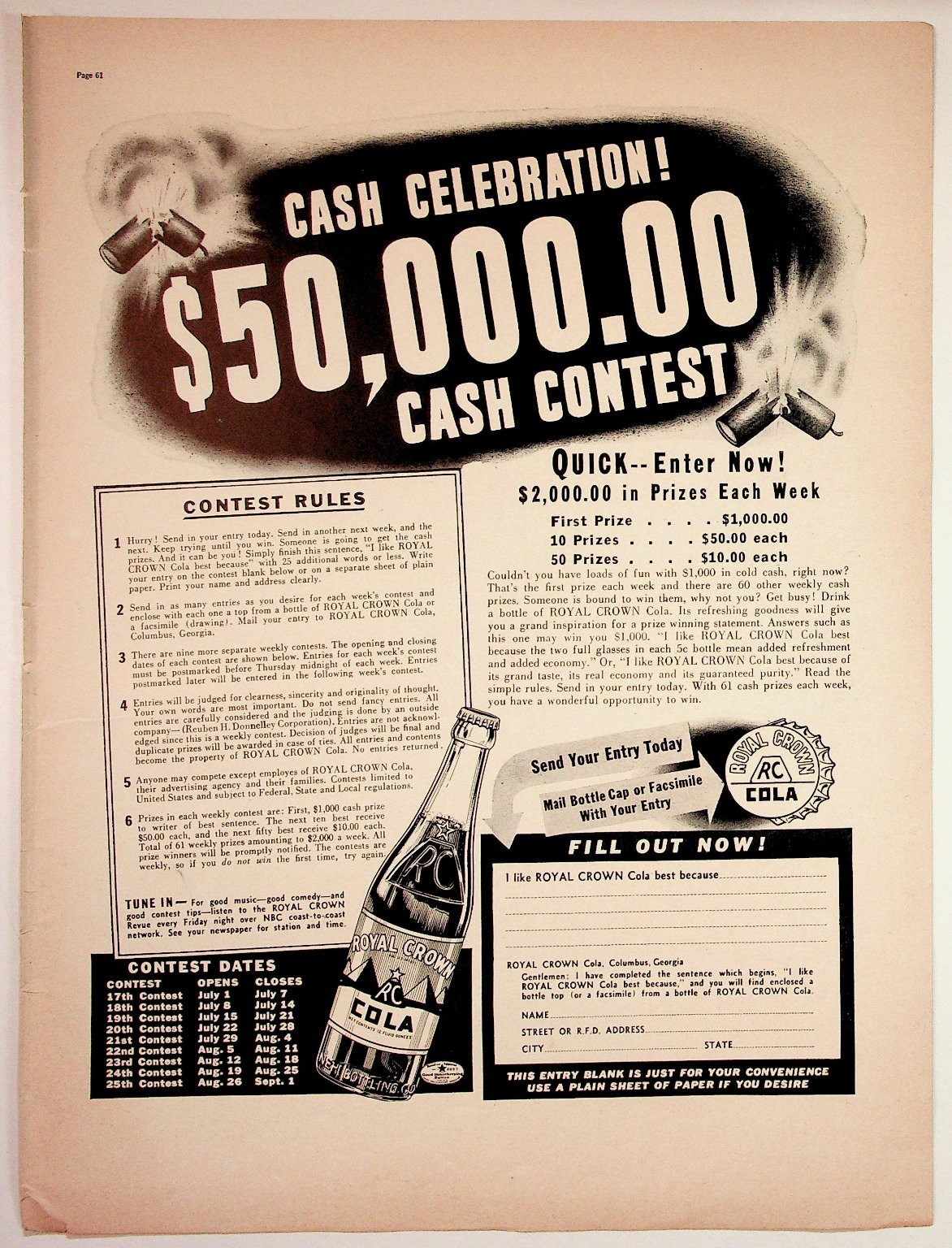 Vintage Royal Crown Cola $50,000 Cash Contest Magazine Ad RC Cola Ephemera Vintage Royal Crown Cola $50,000 Cash Contest Magazine Ad RC Cola Ephemera