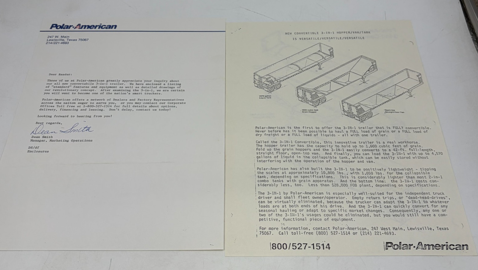 Vintage Polar-American 3-in-1 Semi Trailer Sales Brochure Hopper Tank Van Letter