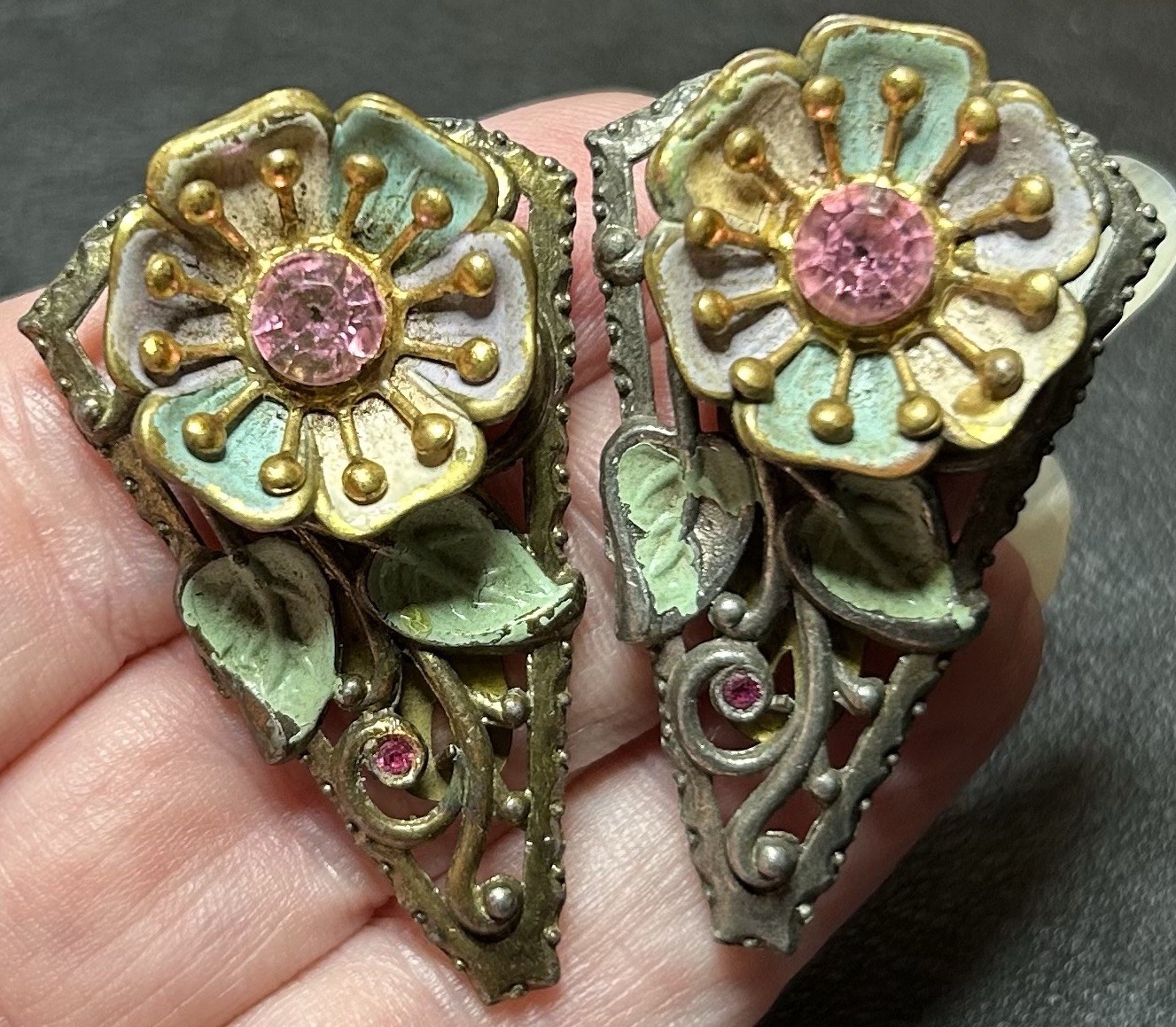 ANTIQUE Czech Art Deco Pink Crystal Enamel Flower Shoe Clip Set