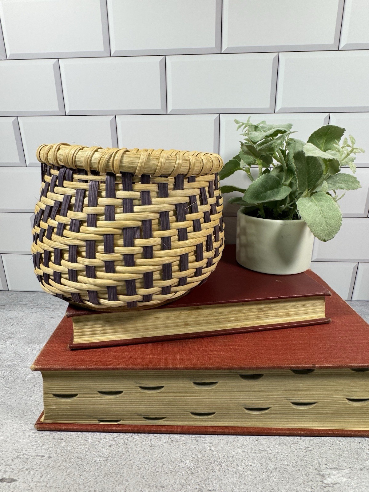 Hand Woven Basket Wood Base Signed CR 2010 Purple Natural Reed Small Artisan 5\