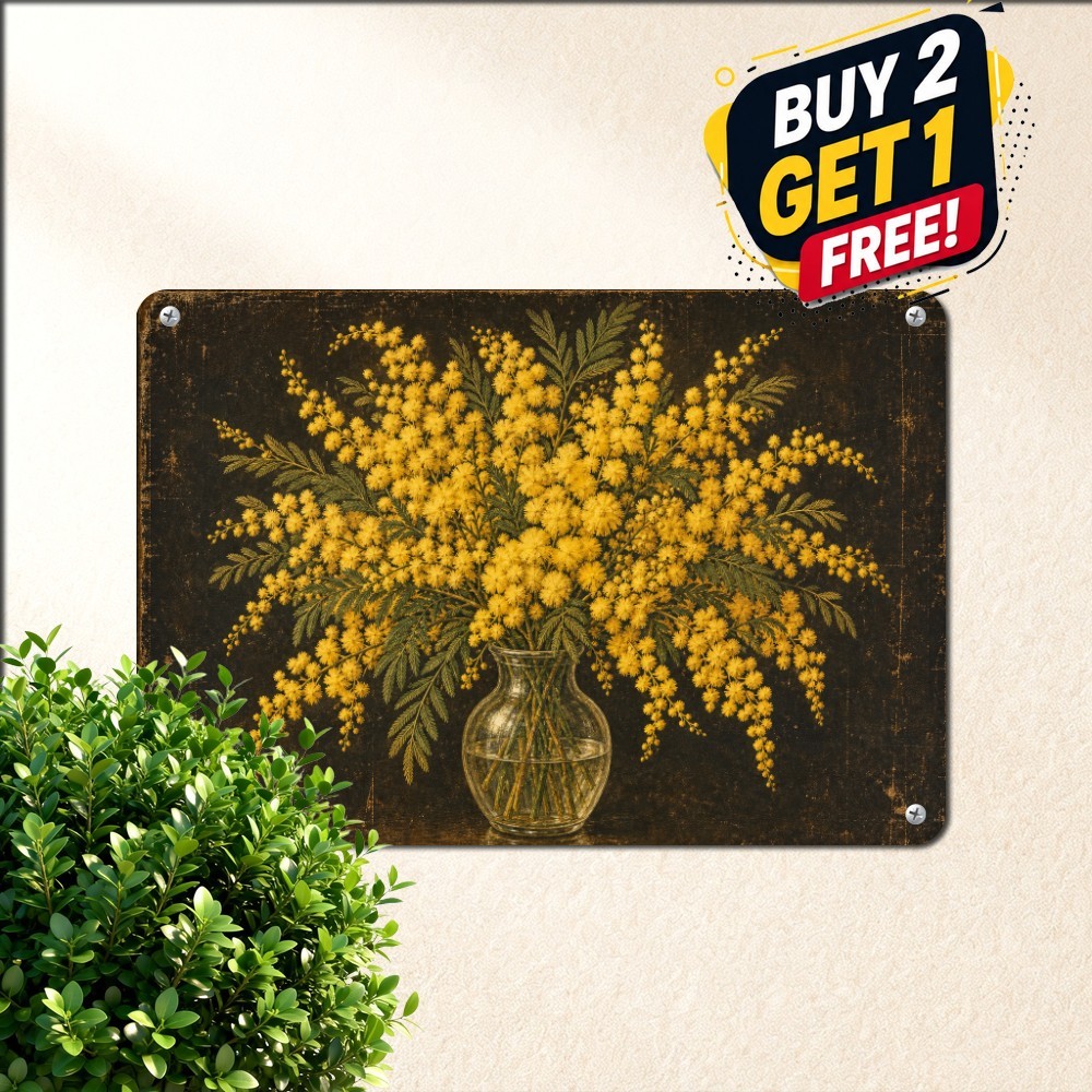 Golden Yellow Mimosa Floral Tin Sign Vintage French Botanical Metal Plaque