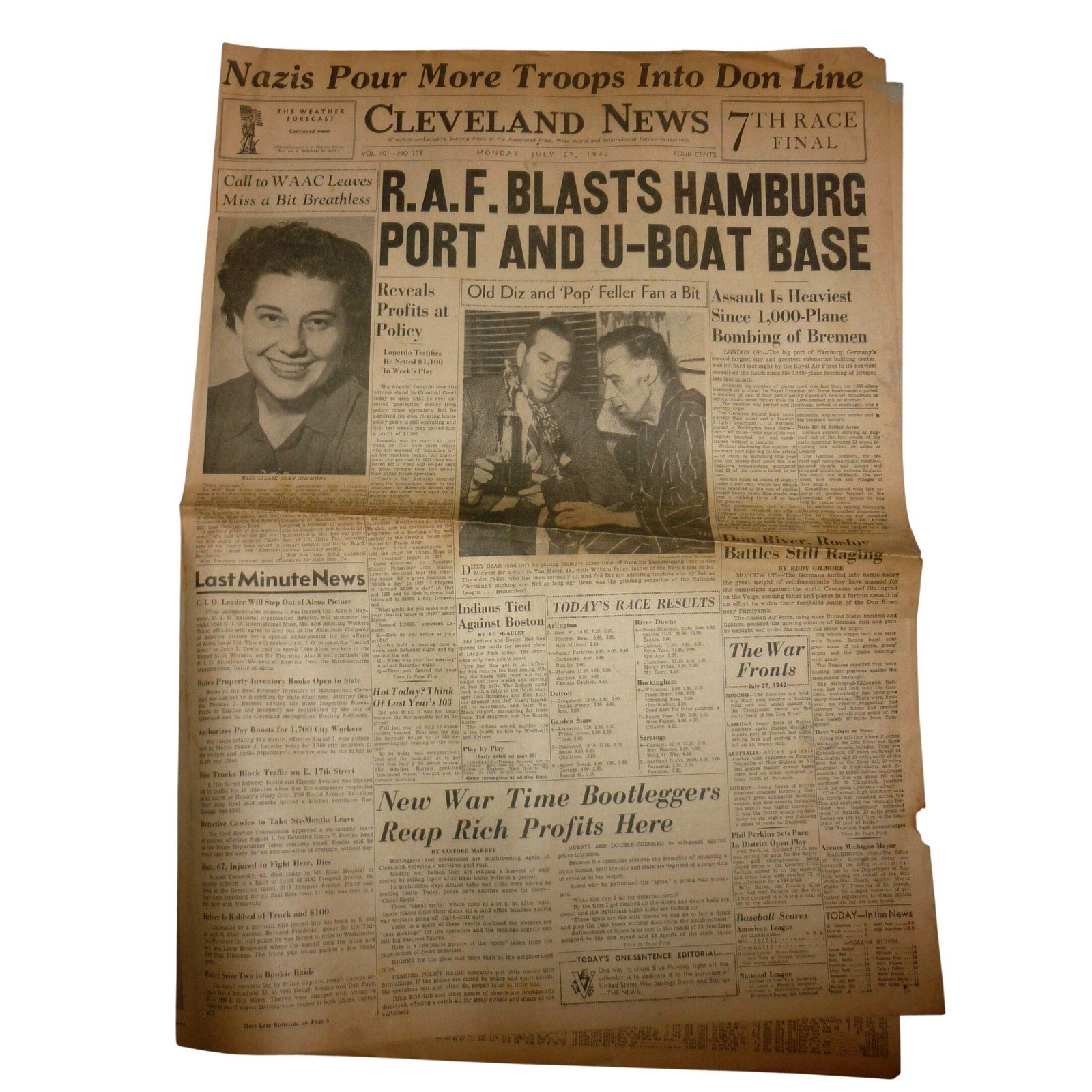 1942 Cleveland News Newspaper WWII RAF Hamburg Dizzy Dean Bob Feller Higbee 1942 Cleveland News Newspaper WWII RAF Hamburg Dizzy Dean Bob Feller Higbee