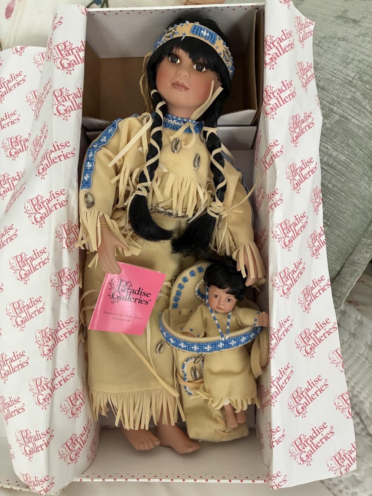 Paradise Galleries Indian Doll W/ Papoose. Spotless In Box. Premiere Edition 16”