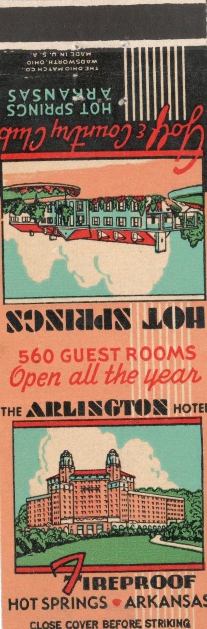 Vintage Matchcover The Arlington Hotel Hot Springs Arkansas