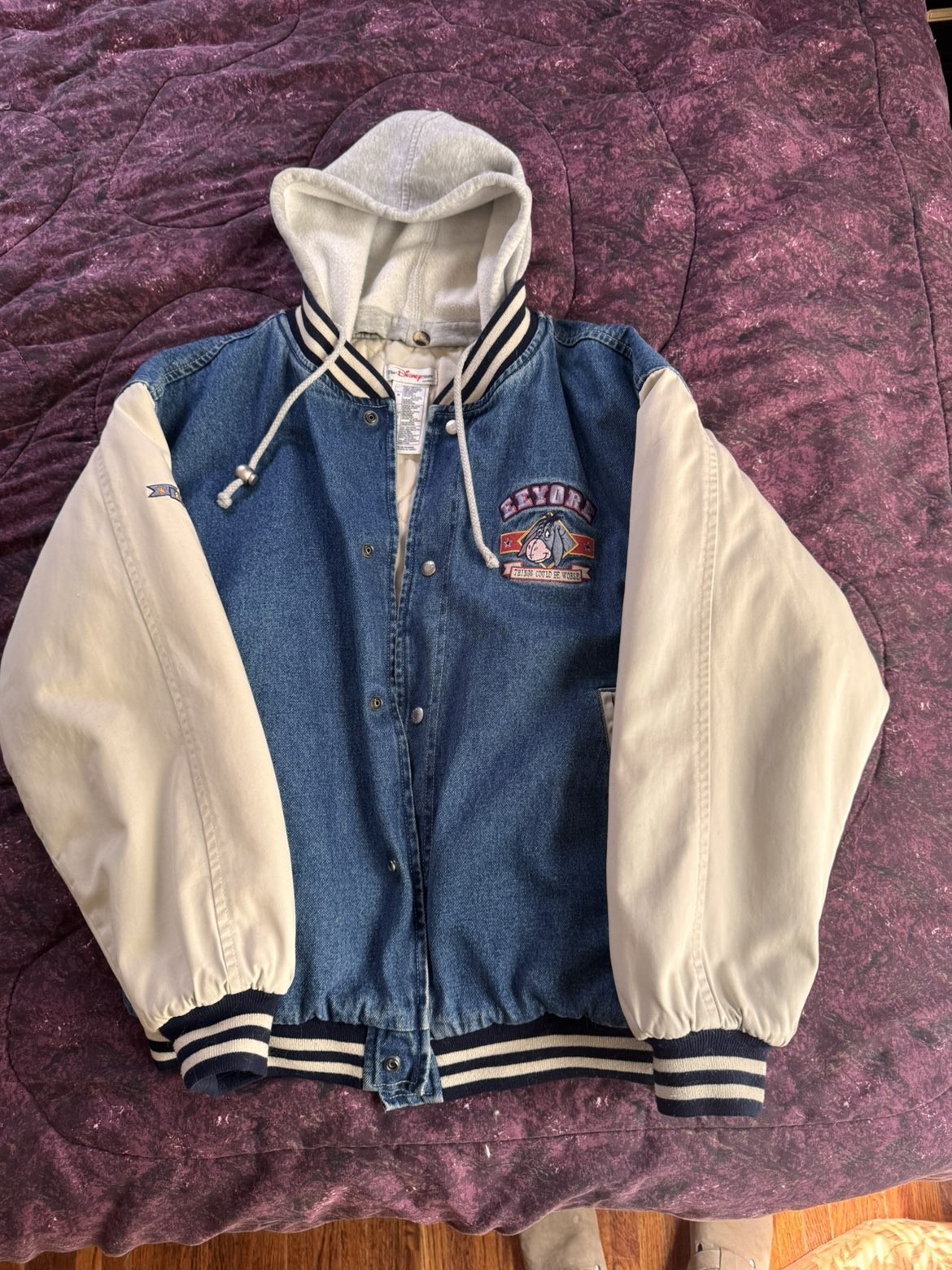 Vintage Denim and Cream Eeyore Disney Bomber Jacket, Embroidery , Size M