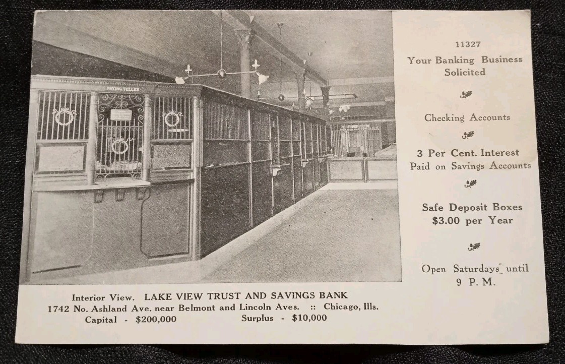 Vintage 1900s Lake View Trust & Savings Bank Chicago, Illinois Postcard