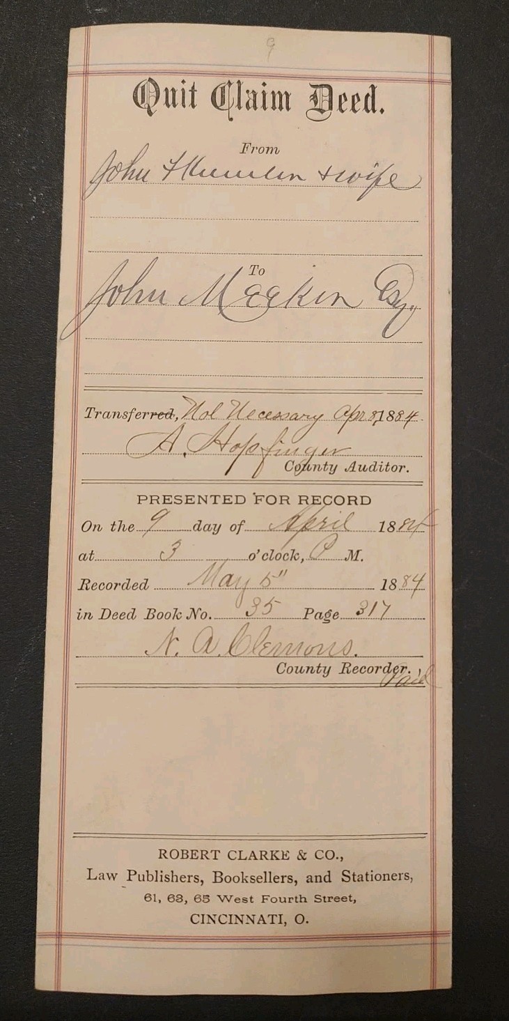 Vintage Tage 1884 Quit Claim Deed, Toledo Ohio, Lucas County Vintage Tage 1884 Quit Claim Deed, Toledo Ohio, Lucas County