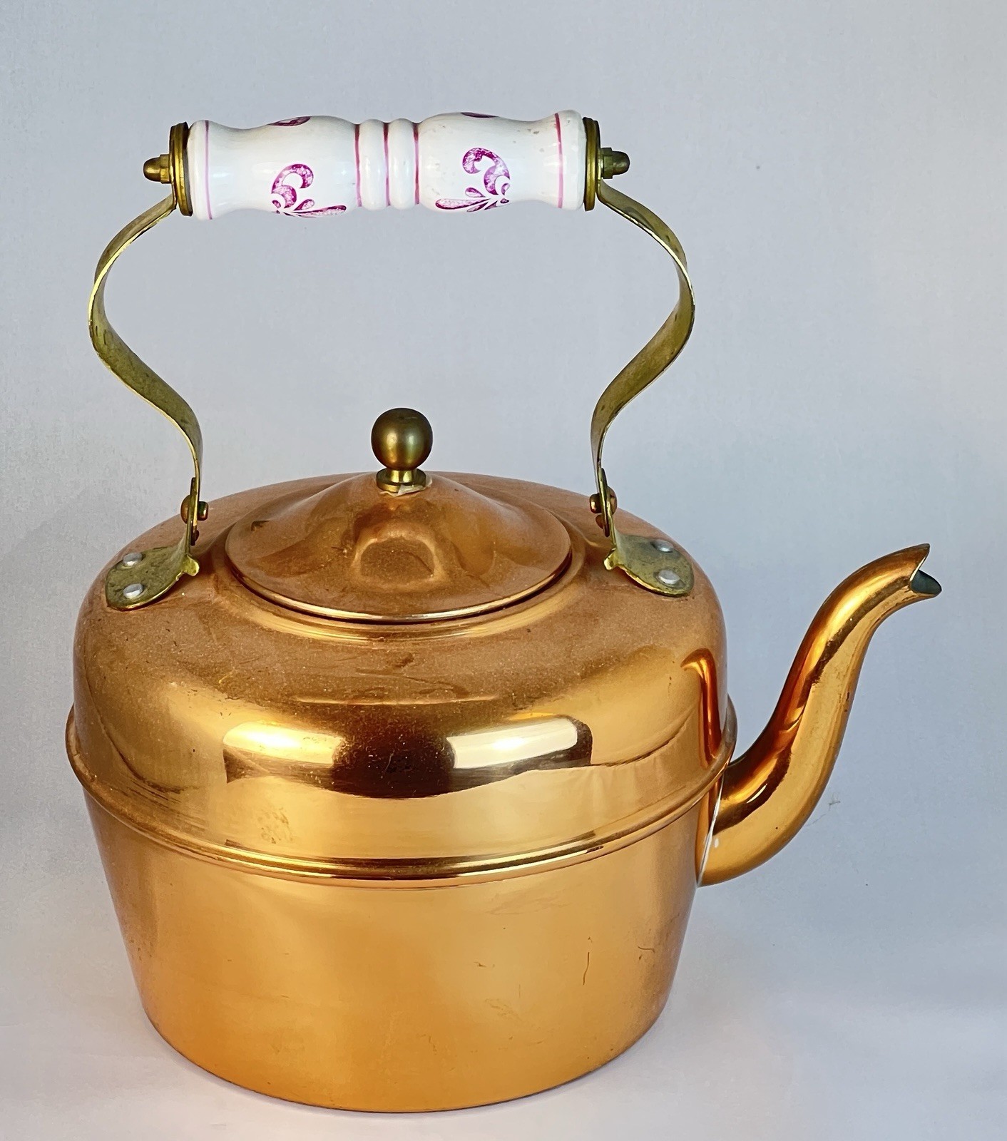 Vintage Tayee Solid Copper Tea Kettle Taiwan Pink Floral Porcelain Handle