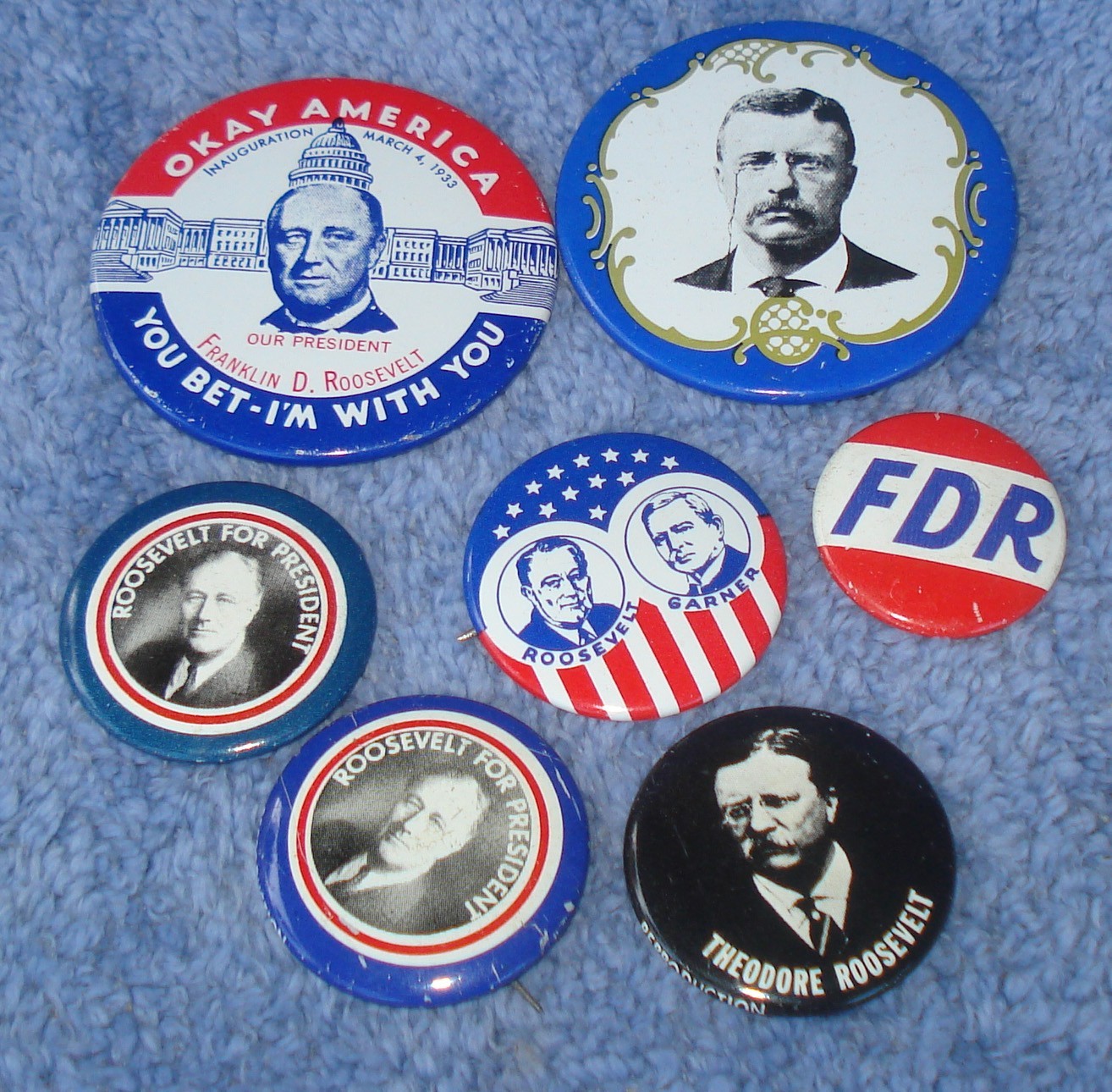 SEVEN POLITICAL BUTTONS - 2 THEODORE ROOSEVELT (REPROD.) & 5 FRANKLIN ROOSEVELT