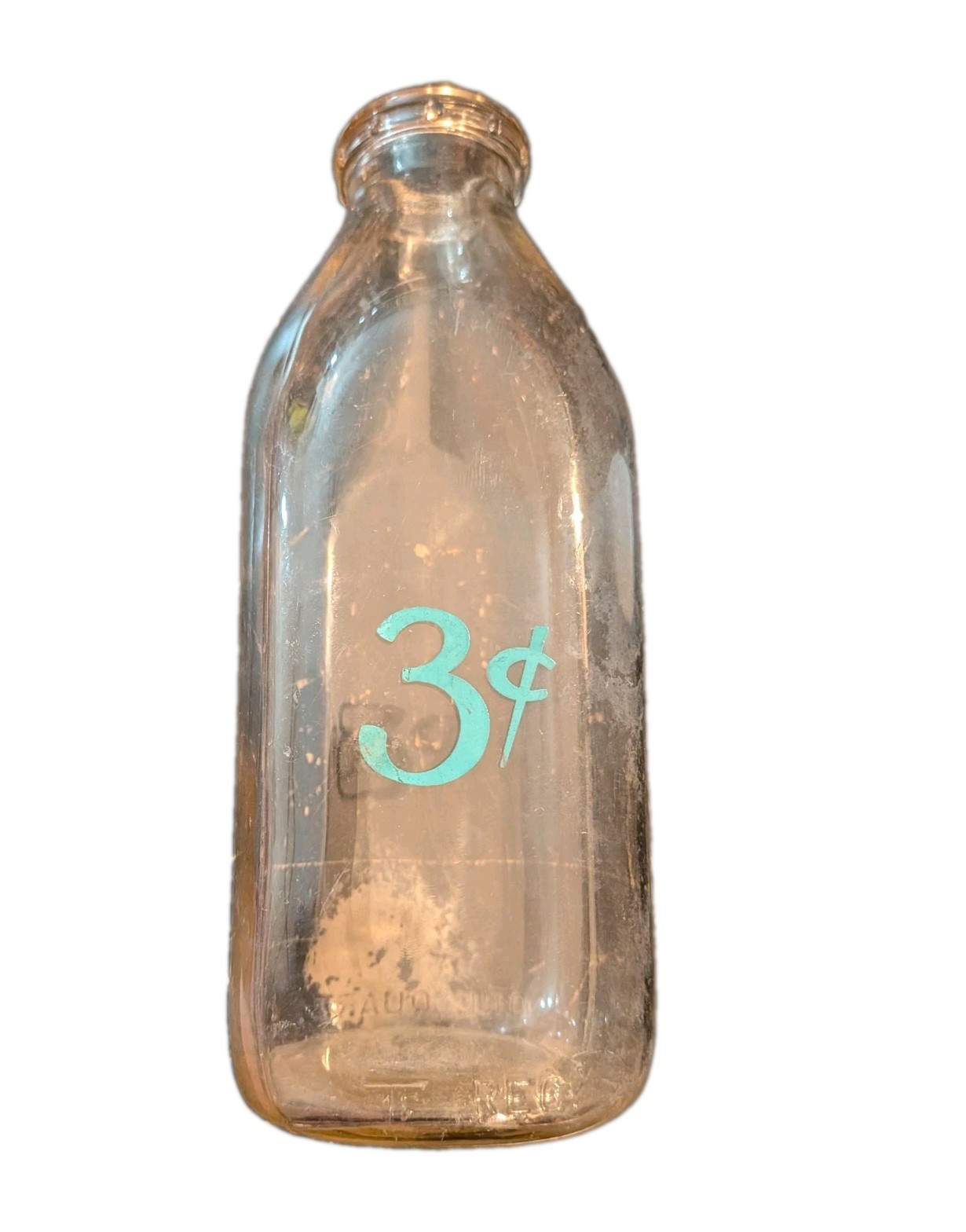 Vintage 1947 Thatcher Glass Milk Bottle One Quart 3 Cent Deposit Teal Pyro ACL