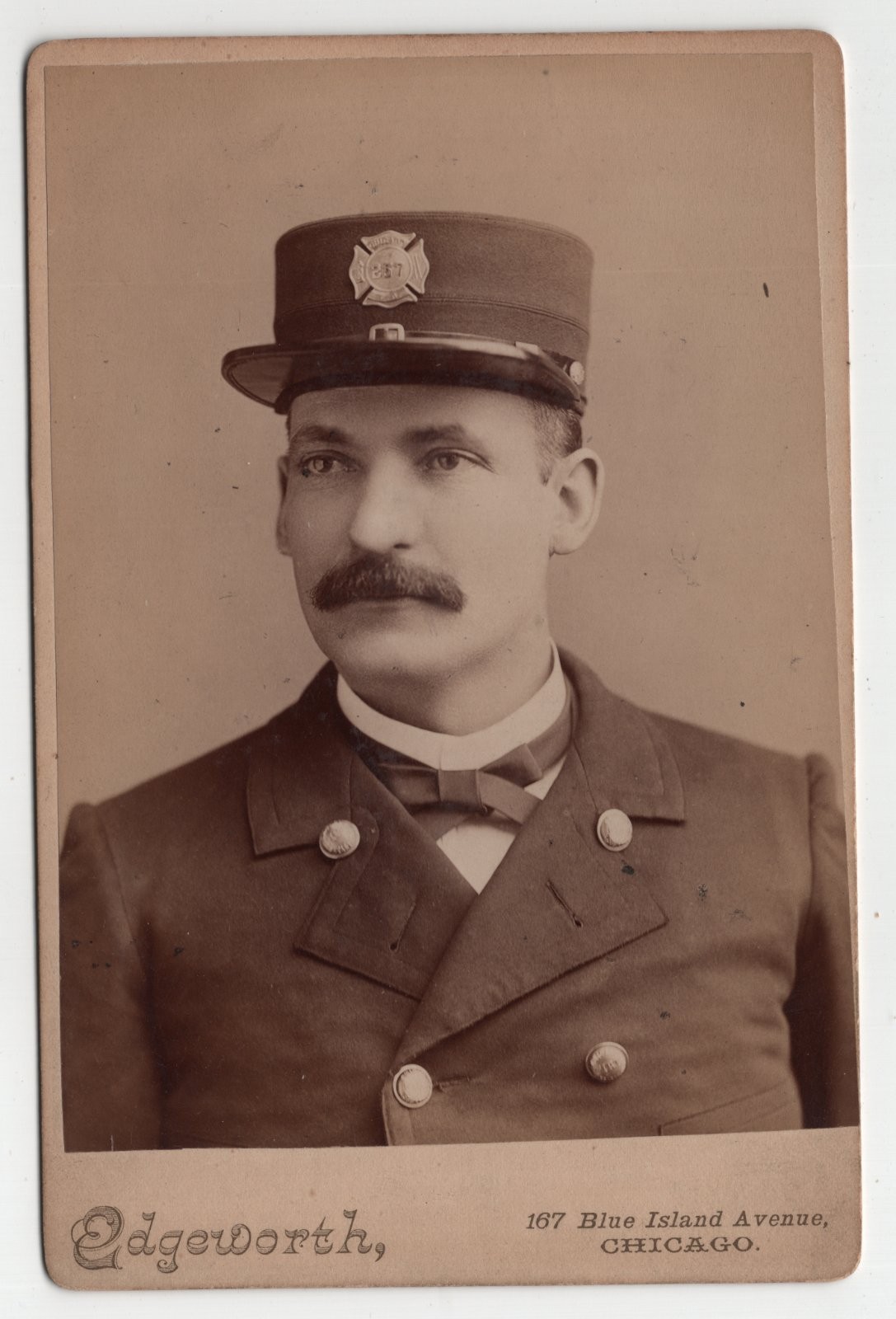 Antique Cabinet Card Edgeworth Firefighter Fireman Uniform Cap Badge Chicago IL
