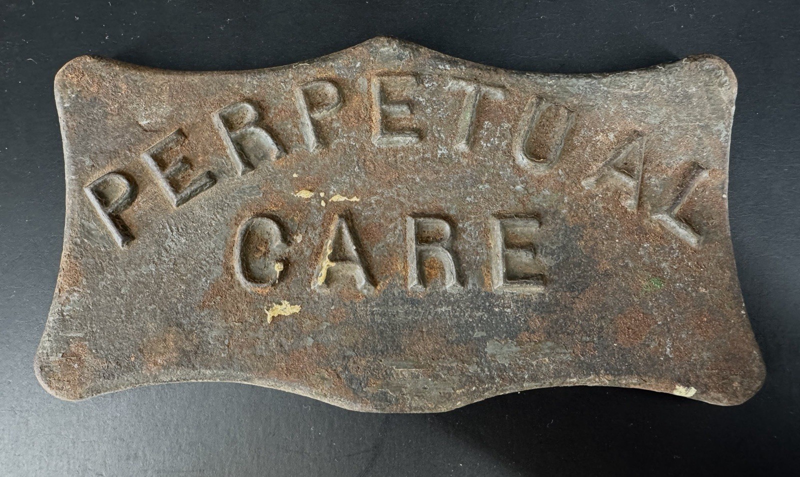 Antique Perpetual Care Embossed Cast Iron Funeral Sign