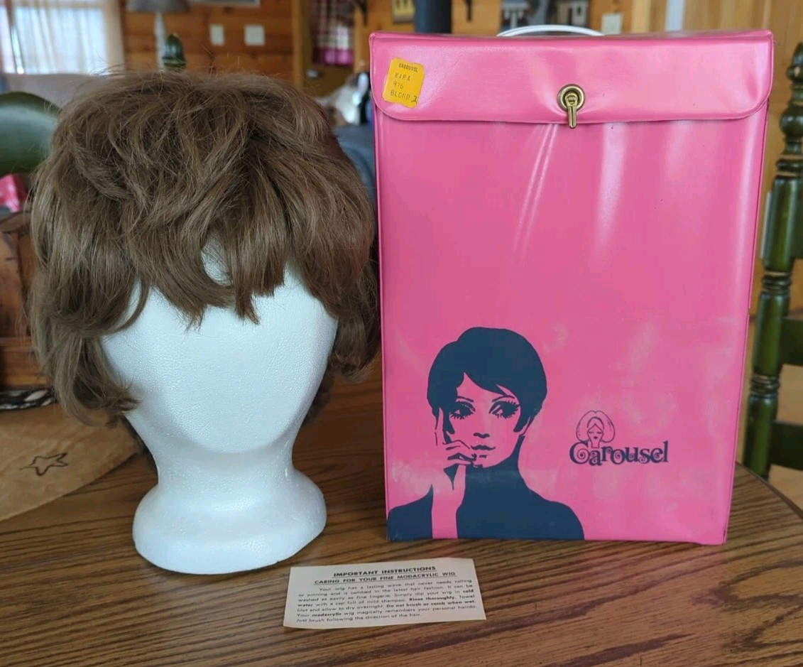 Carousel Wig Box Carry Case with Brunette Shag Wig & Foam Head 1970s Vintage Carousel Wig Box Carry Case with Brunette Shag Wig & Foam Head 1970s Vintage
