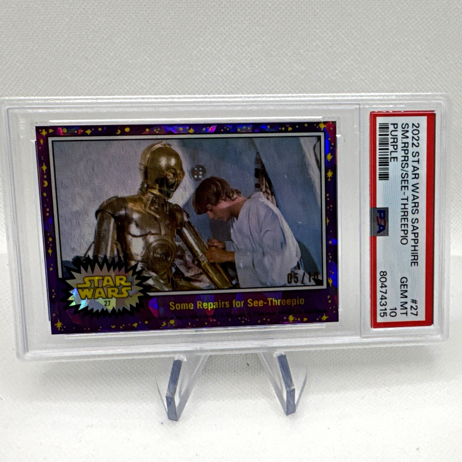 2022 Topps Star Wars Sapphire Luke & See-Thrrepio #27 Purple /10 PSA 10 2022 Topps Star Wars Sapphire Luke & See-Thrrepio #27 Purple /10 PSA 10