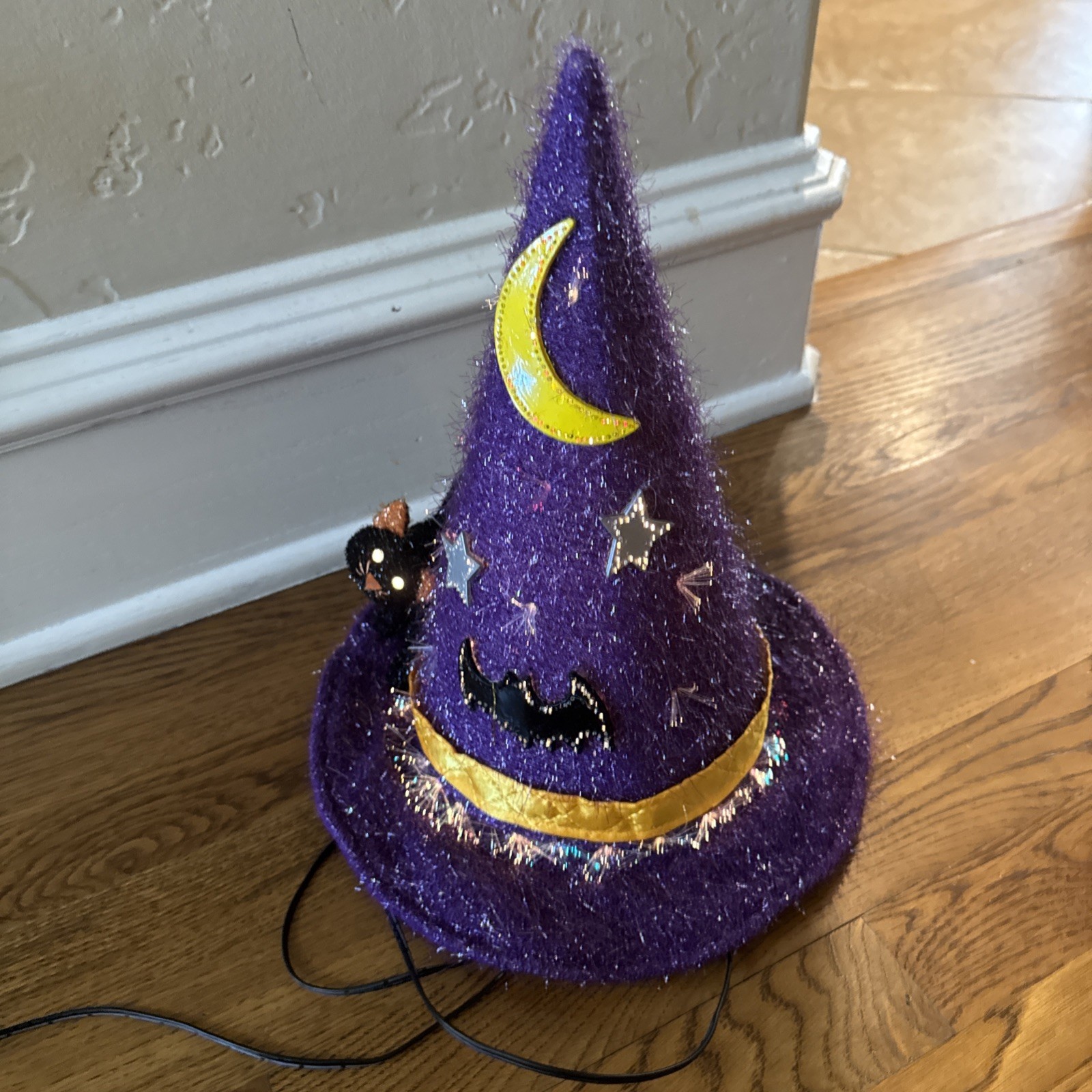 Halloween Fiber Optic Witch Hat Purple Kids Of America Black Cat VTG  2001