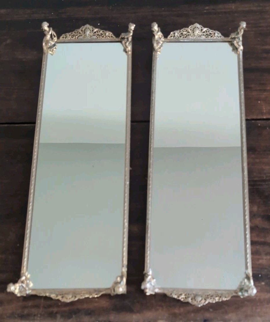 Pair Vintage Hollywood Regency Mirror Plateau Vanity Trays Cherub Feet 19.5\