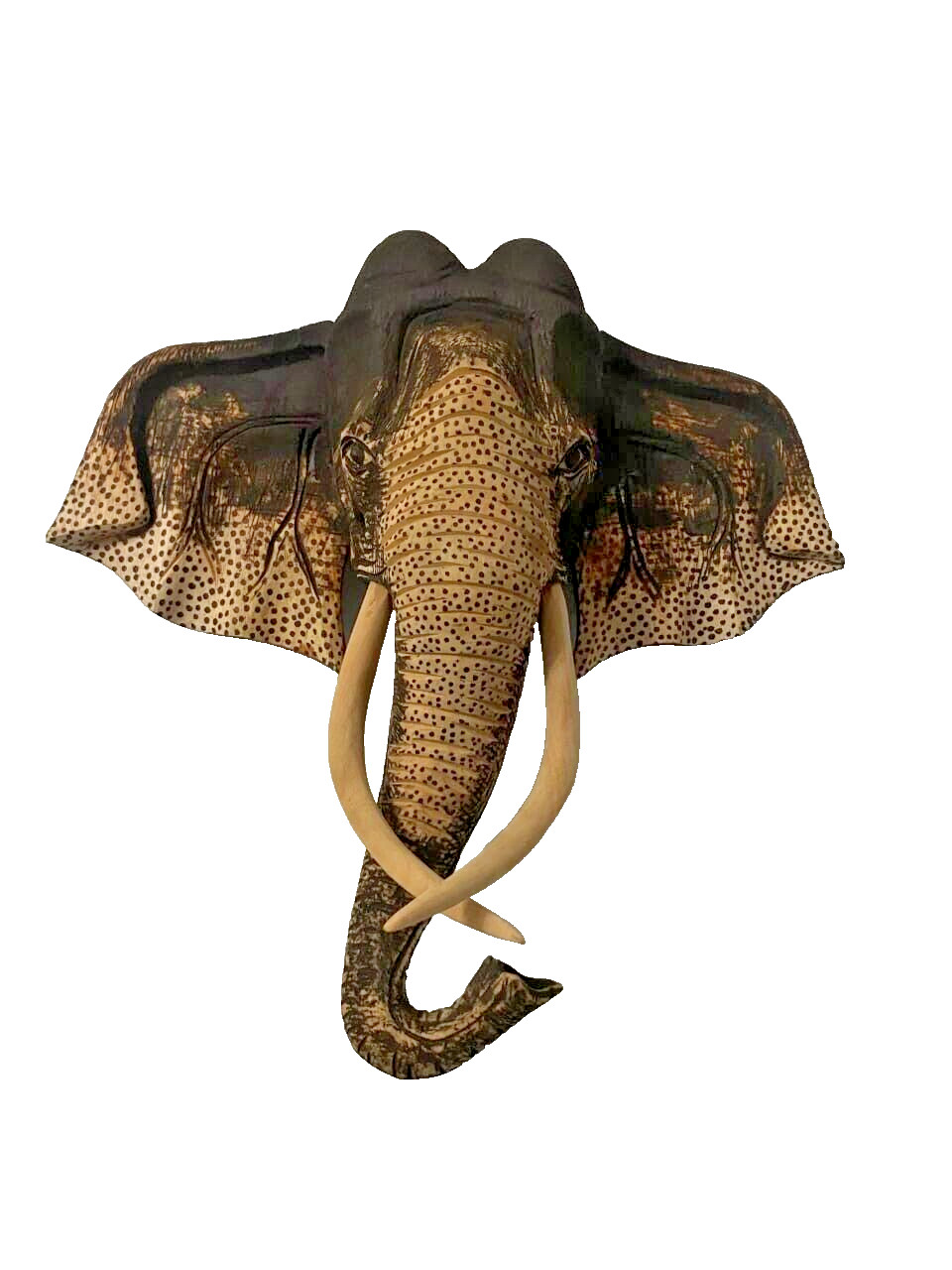Lucky Elephant Wooden  Unique Head Wood Carved Wall Hanging Deco Authentic Art