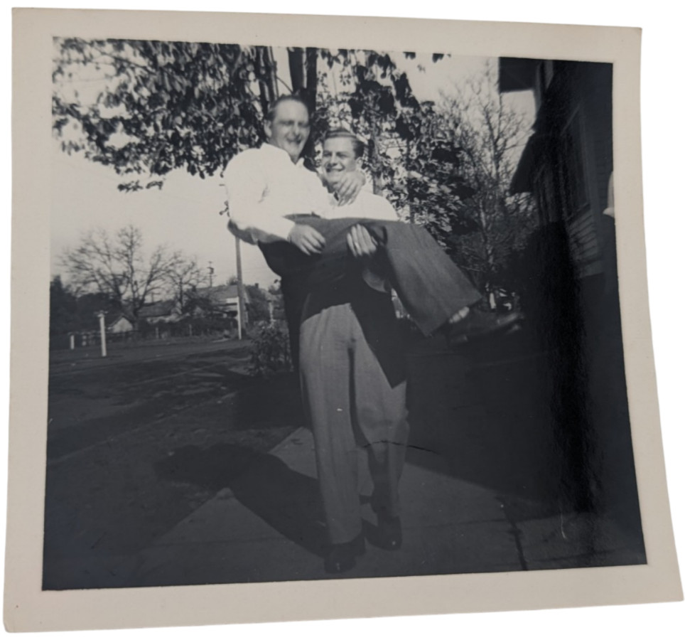 Vintage B&W Snapshot Photo Two Men Carrying Pose Vernacular 3.5x3.5 Vintage B&W Snapshot Photo Two Men Carrying Pose Vernacular 3.5x3.5