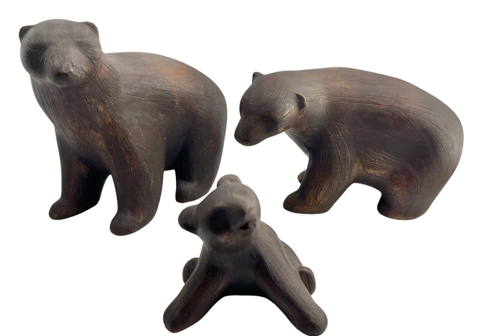 3 Vintage MCM Brayton Laguna Bear Family Figurines Red Pottery Brown Matte Glaze