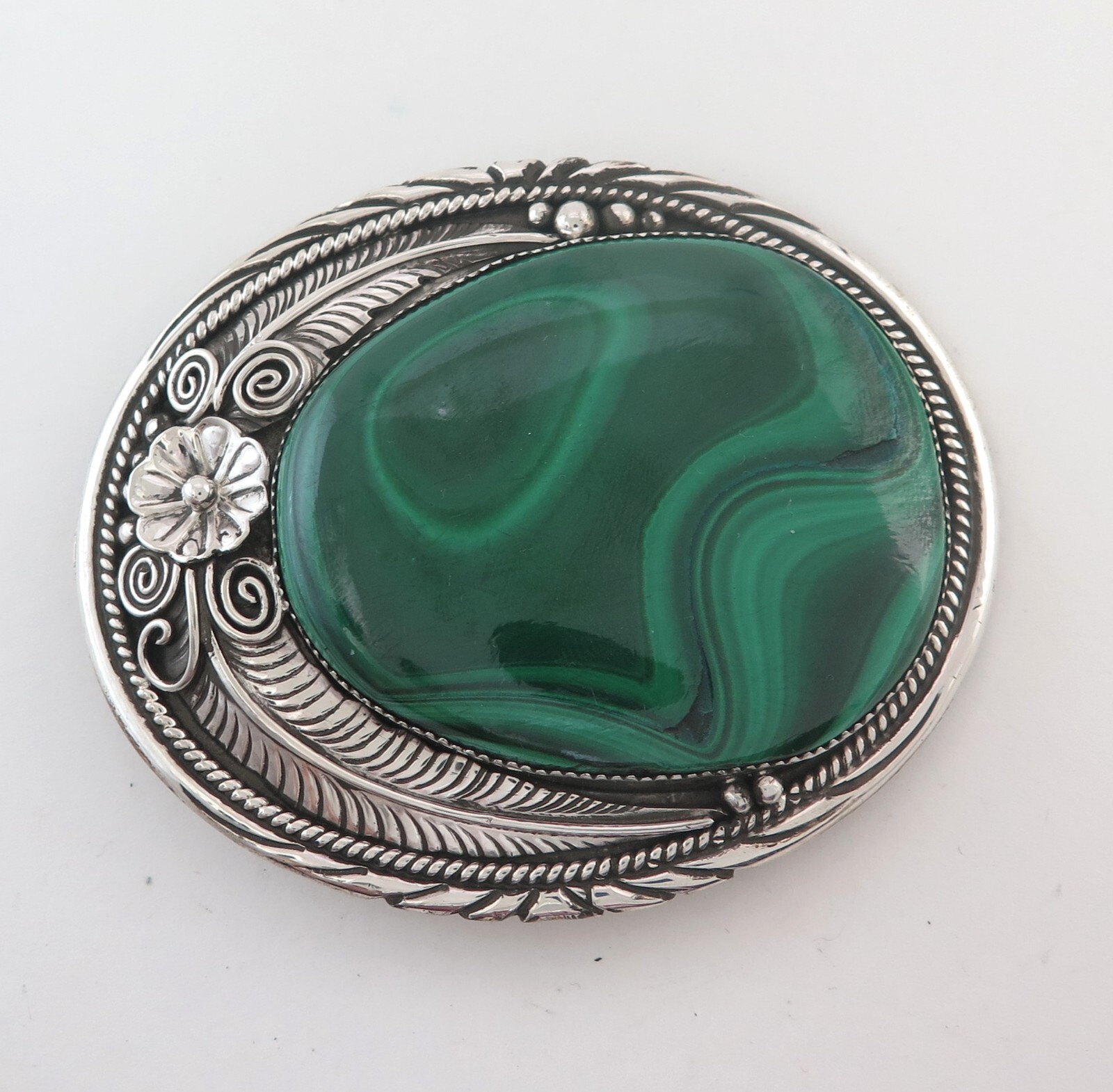 BIG XL Navajo Sterling Silver & Incredible Malachite Slab Western Belt Buckle BIG XL Navajo Sterling Silver & Incredible Malachite Slab Western Belt Buckle