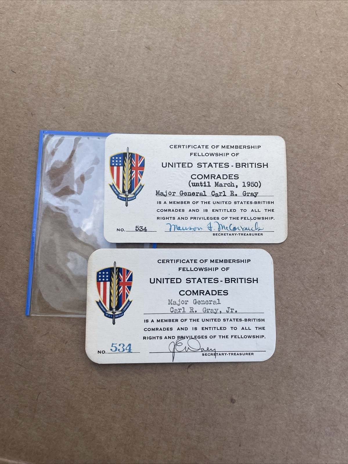 * 1950 U.S  British Comrades Membership Major General Carl Gray Jr Railroad