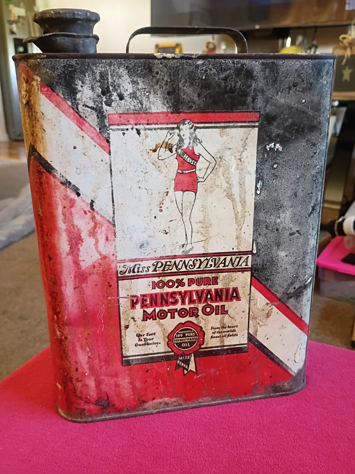 Vintage Miss Pennsylvania 2 Gallon Oil Can Rare Advertising Empty Uncleaned 