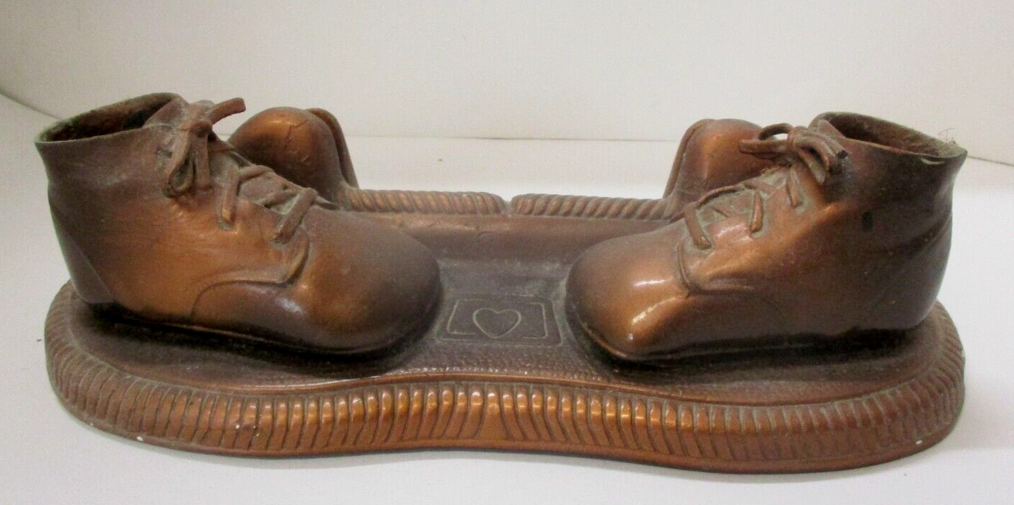 Vintage Copper Bronze Baby Shoes On Base Picture Frame Holder
