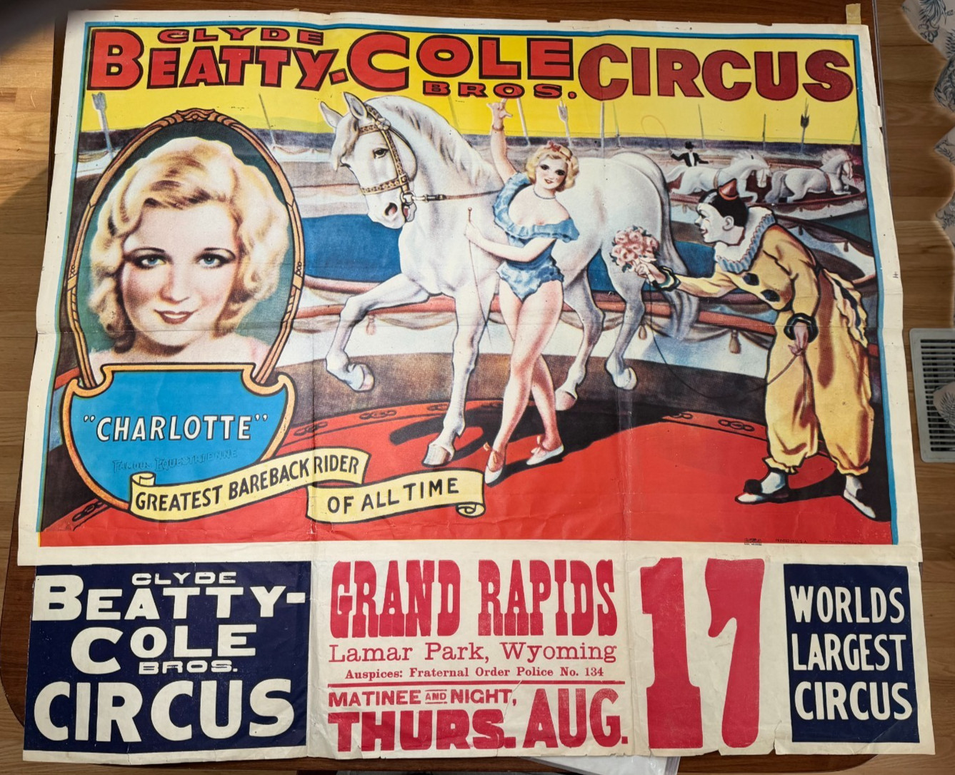 Vintage Clyde Beatty Cole Bros Circus Poster Grand Rapids Michigan Bareback Ride
