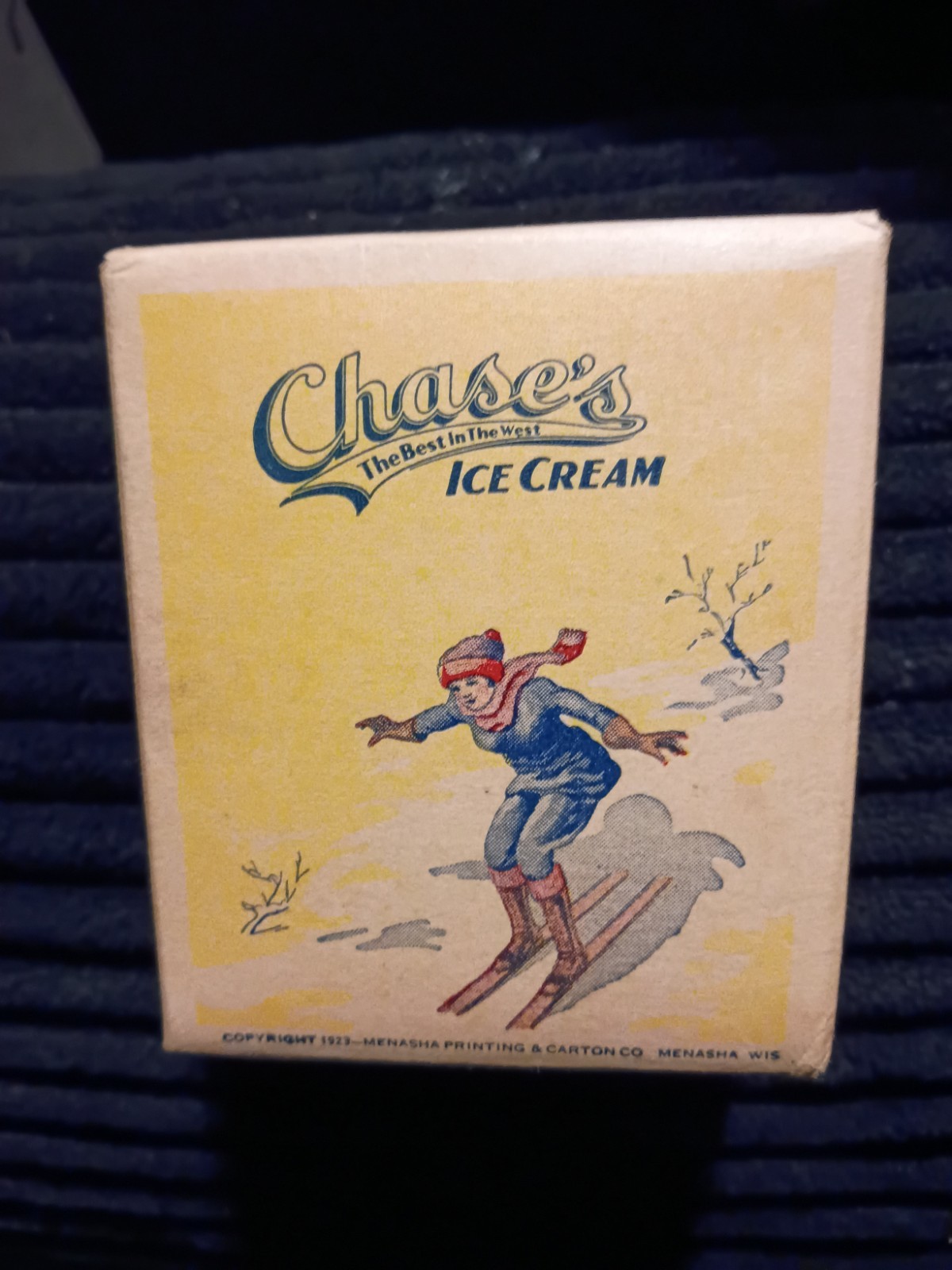 Vintage 1923 Chase's Ice Cream Paper Carton Half Pint Provo Utah Skier Graphic 