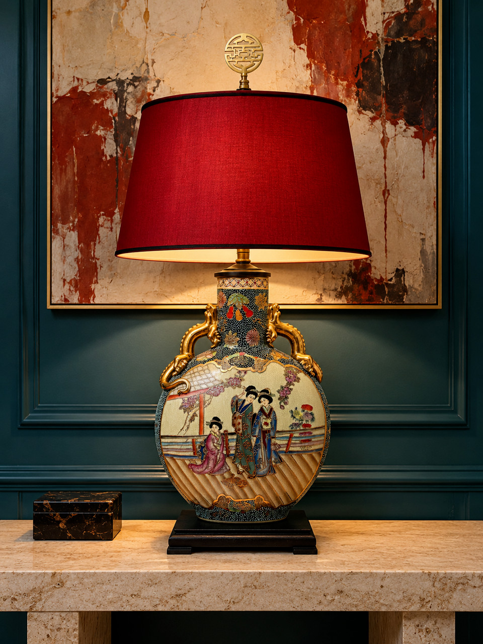 Massive 32” Vintage Royal Satsuma Style Geisha Moon Flask Table Lamp