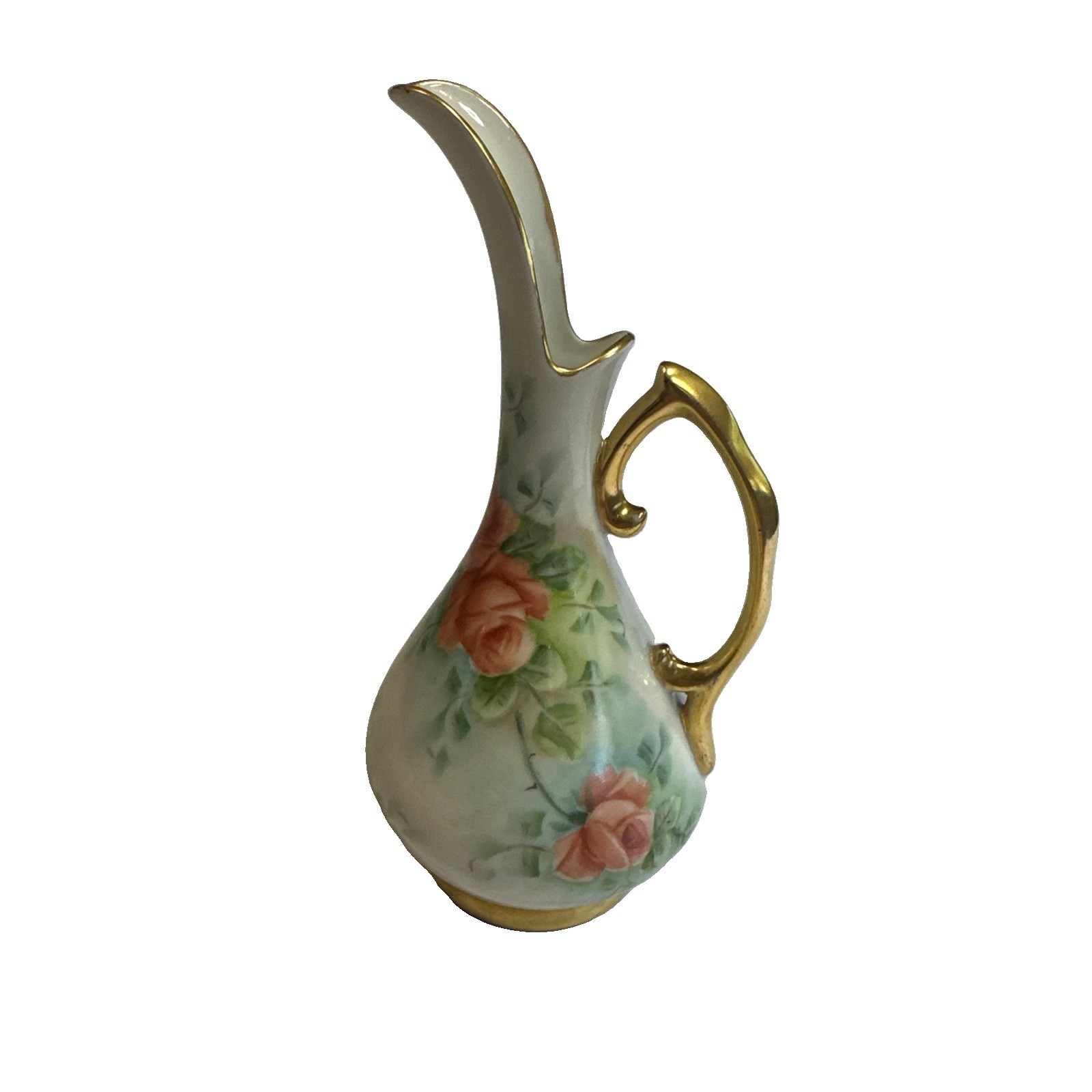 Vintage Hand Painted Porcelain Ewer Pitcher Bud Vase Roses Gold Trim 7 In. Tall Vintage Hand Painted Porcelain Ewer Pitcher Bud Vase Roses Gold Trim 7 In. Tall