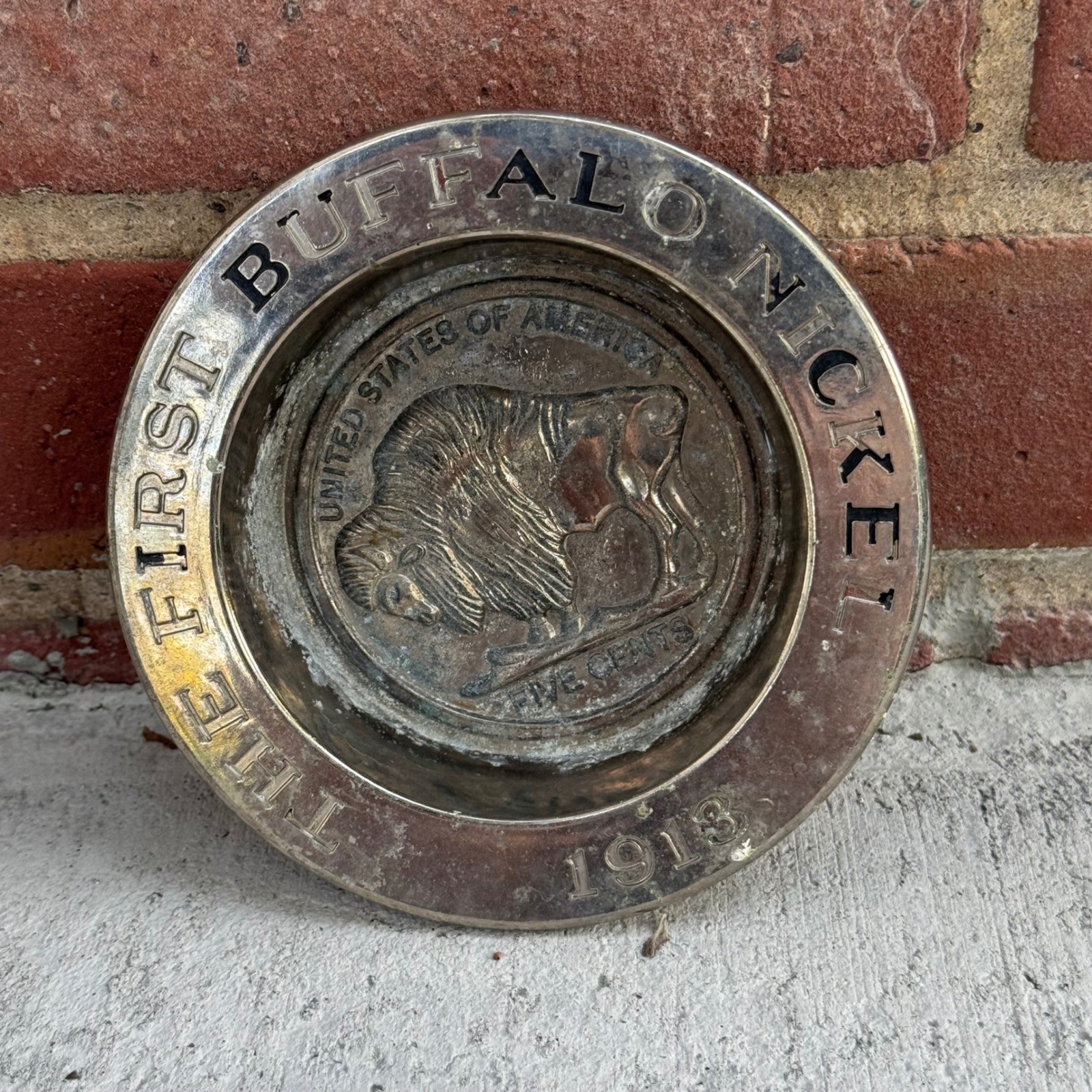 Vintage Avon 1913 First Buffalo Nickel Commemorative Silver Tone Trinket Tray 5\