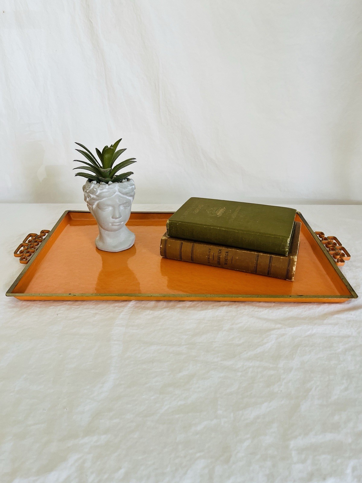 Vtg MCM Tray Orange Moire Enamel w Brass Asian Design Handles Keys of Pasadena Vtg MCM Tray Orange Moire Enamel w Brass Asian Design Handles Keys of Pasadena