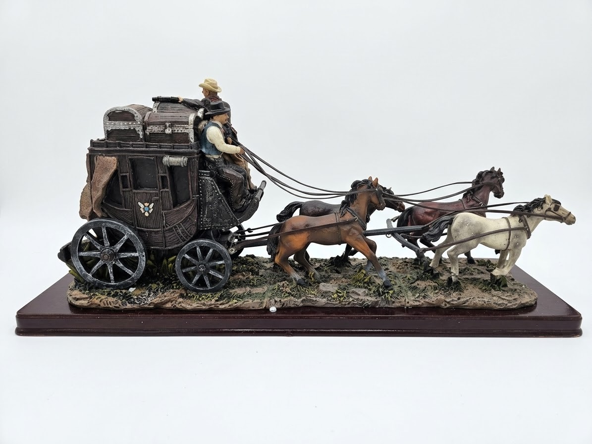 VTG Wells Fargo Overland Stagecoach Figurine Sculpture w 4 Horses 17” Wood Base VTG Wells Fargo Overland Stagecoach Figurine Sculpture w 4 Horses 17” Wood Base