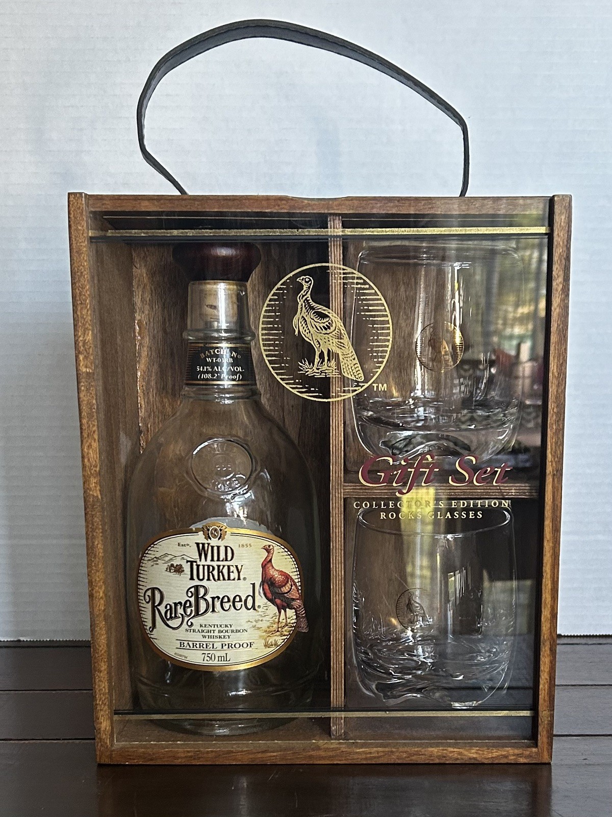 Wild Turkey Rare Breed Bourbon Wooden Plexiglass Box Gift Set Glasses & bottle Wild Turkey Rare Breed Bourbon Wooden Plexiglass Box Gift Set Glasses & bottle