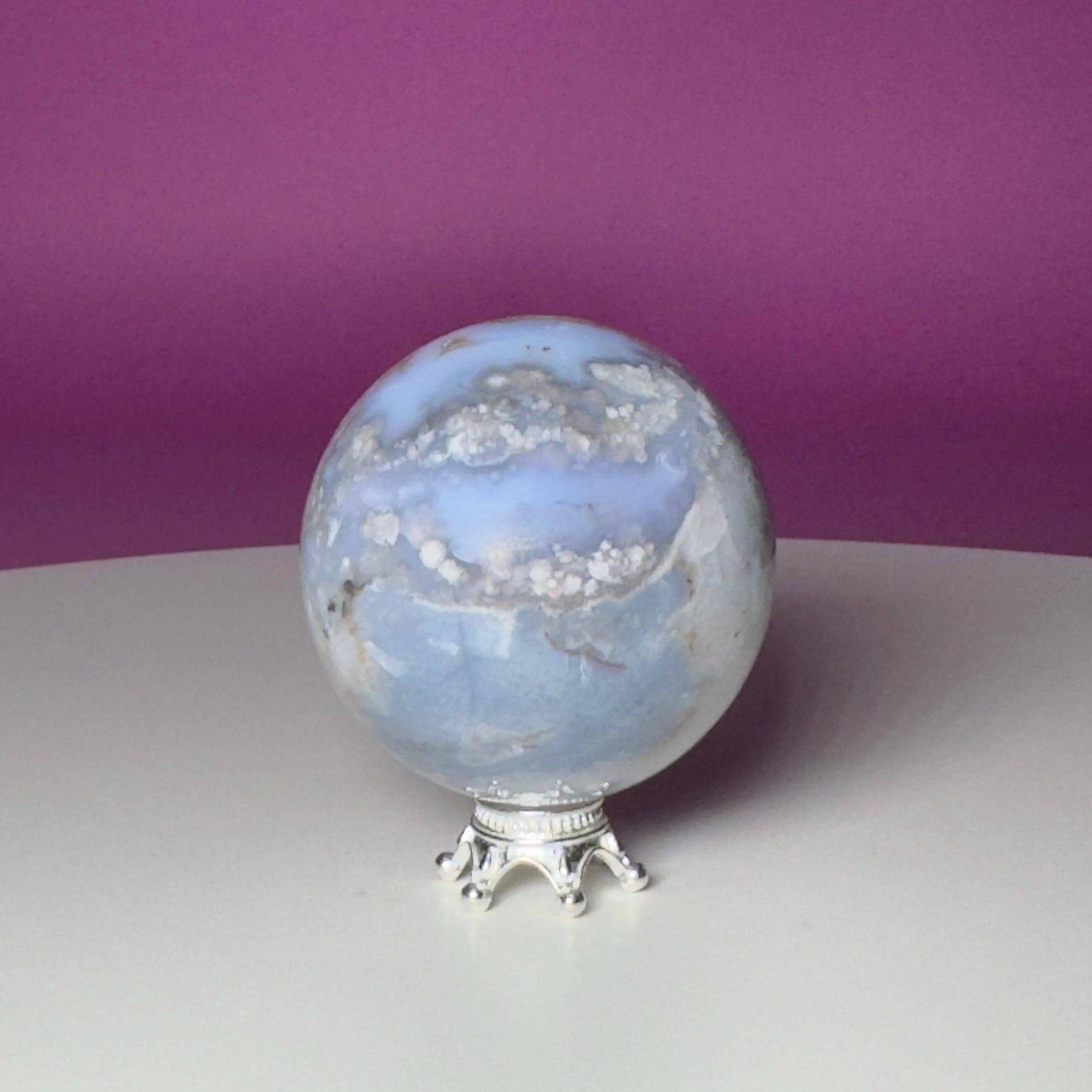 Blue Flower Agate Sphere on Silver Metal Stand – 107g Blue Flower Agate Sphere on Silver Metal Stand – 107g