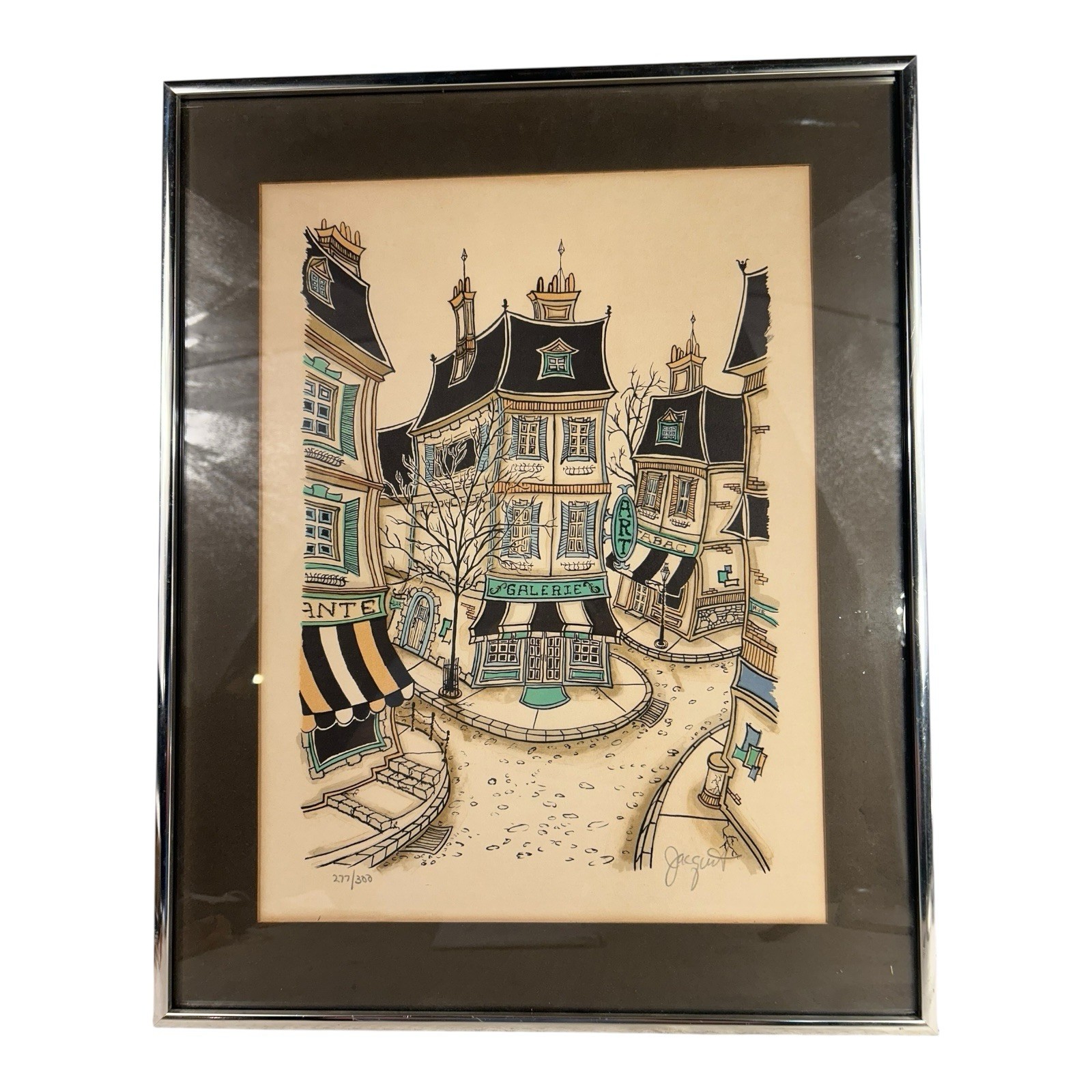 Vintage French Village Lithograph by Jacquest AKA Tom Wood Framed and Matted Vintage French Village Lithograph by Jacquest AKA Tom Wood Framed and Matted