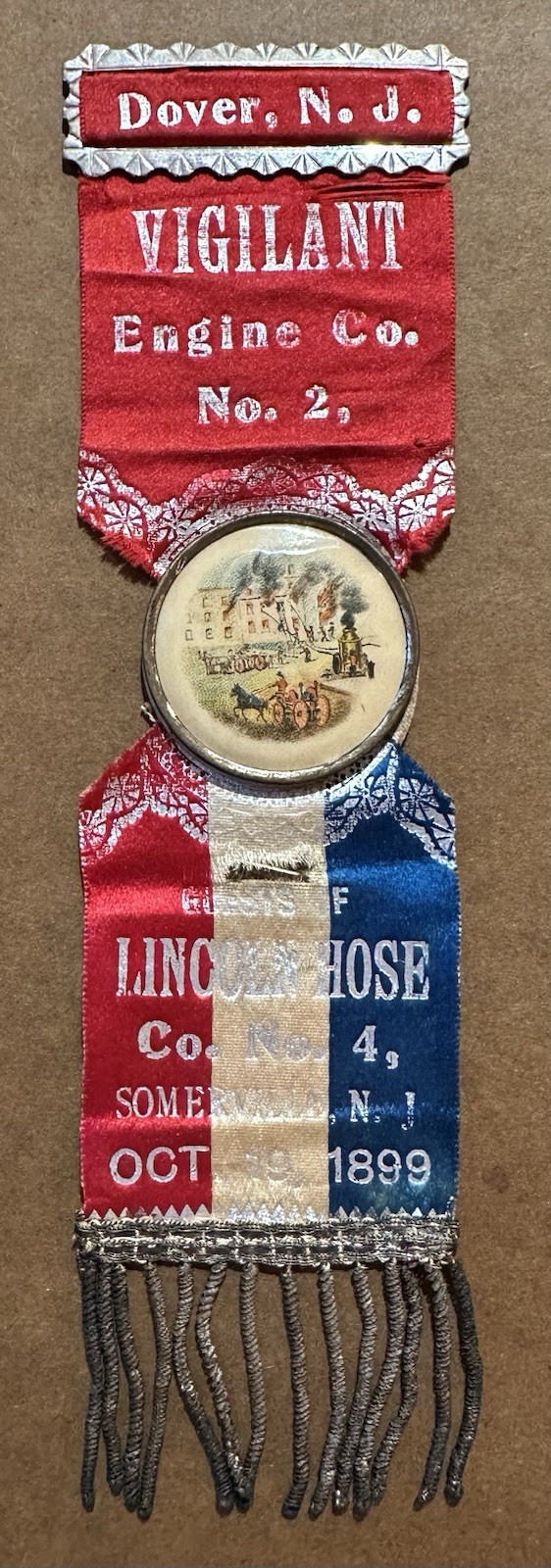 Antique 1899 Fire Department Parade Ribbon Badge Dover NJ Vigilant Hose Sommer