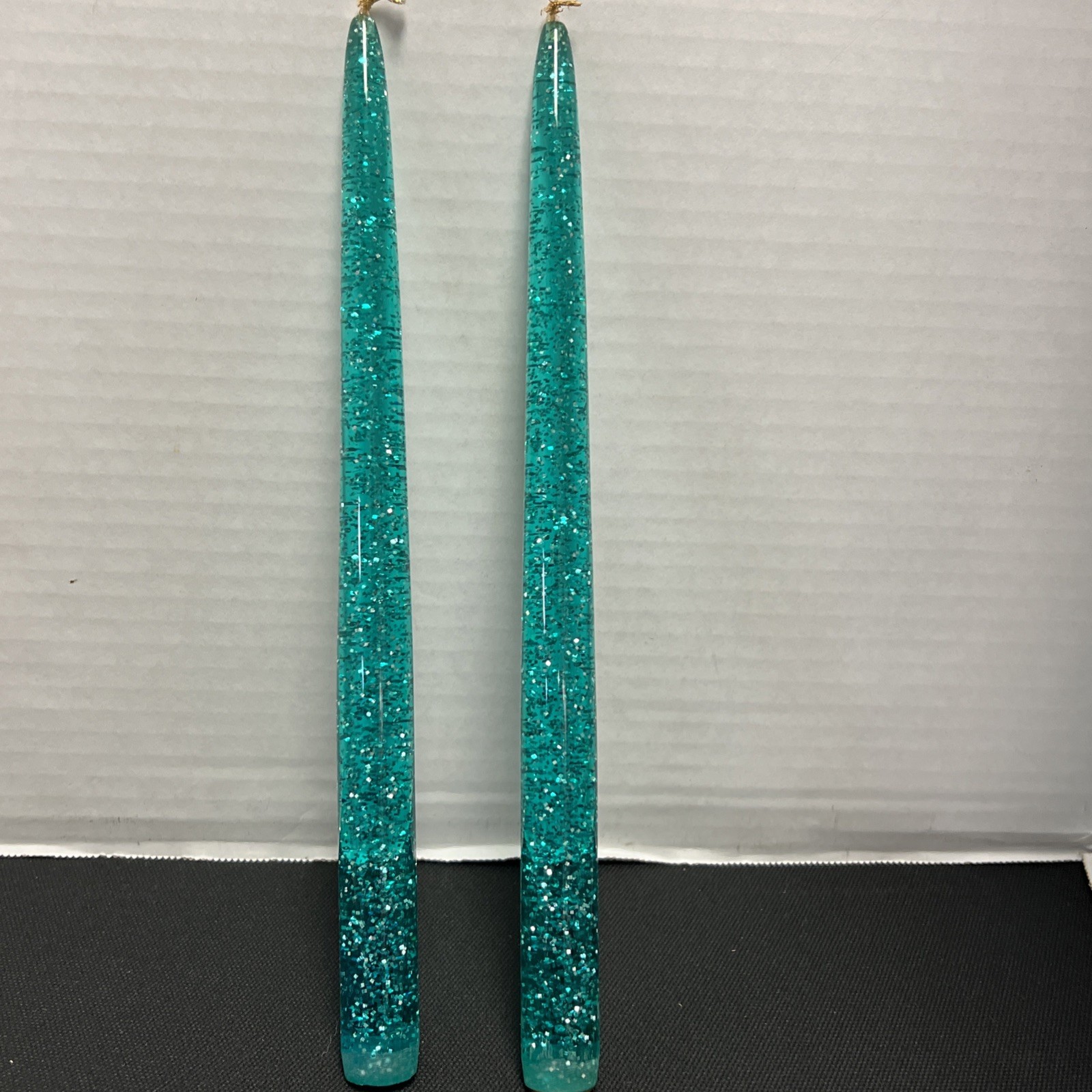 Vtg Lucite Teal 11 3/4” Taper Candles MCM Set Of Two W/ Silver Sparkles