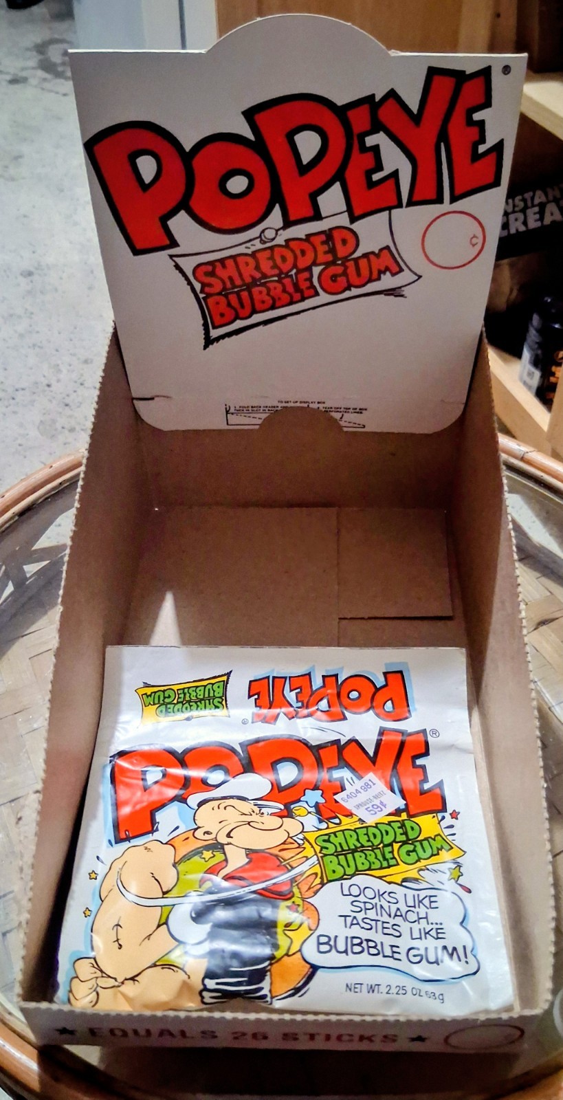 Vintage 1987 POPEYE SHREDDED BUBBLE GUM Sealed Bag w/Store Display Box NOS. Vintage 1987 POPEYE SHREDDED BUBBLE GUM Sealed Bag w/Store Display Box NOS.